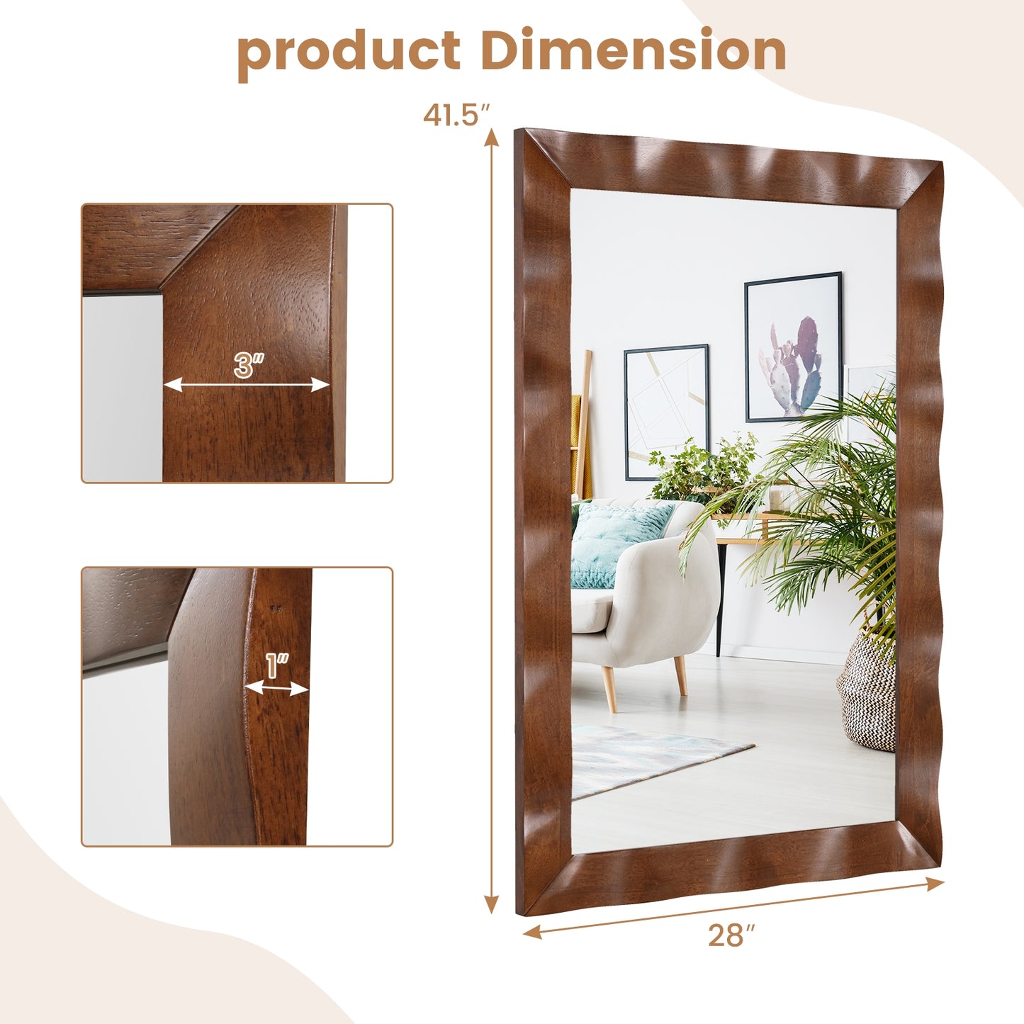 41.5 x 28 inches Farmhouse Wall Mirror with Solid Wood Frame, Brown Wall Mirrors at Gallery Canada