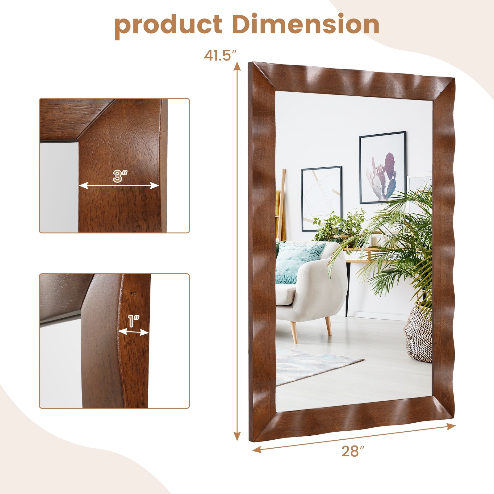 41.5 x 28 inches Farmhouse Wall Mirror with Solid Wood Frame, Brown Wall Mirrors at Gallery Canada