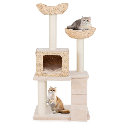 Tour à chat de 48 pouces en quenouille, poteaux à griffer en sisal, perchoir, condo, couleur beige