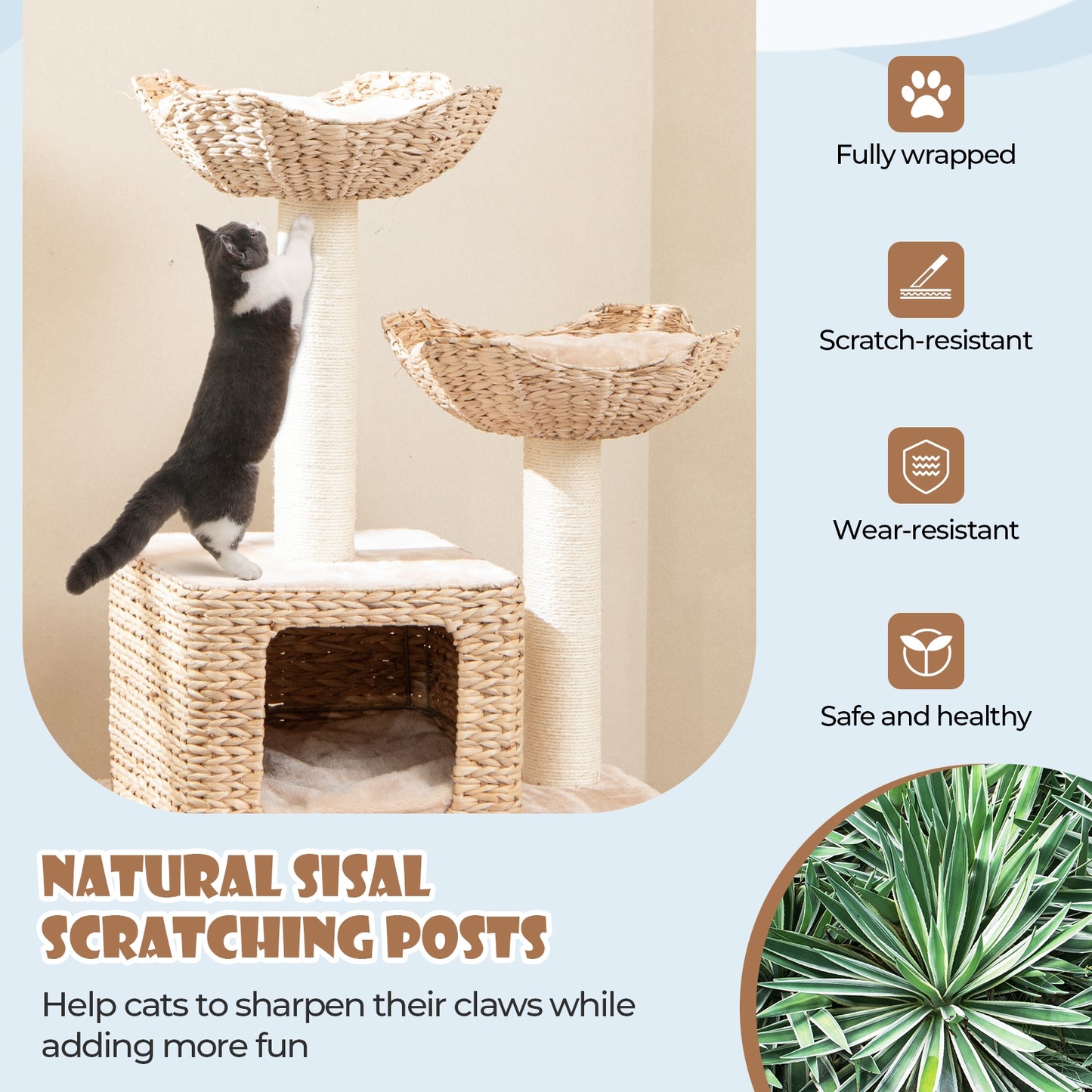 48 Inch Cattail Cat Tower with Sisal Scratching Posts Perch and Condo, Beige Cat Trees Condos & Scratchers at Gallery Canada