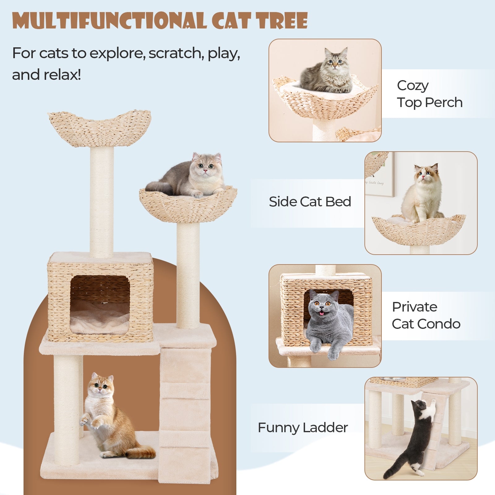 48 Inch Cattail Cat Tower with Sisal Scratching Posts Perch and Condo, Beige Cat Trees Condos & Scratchers at Gallery Canada
