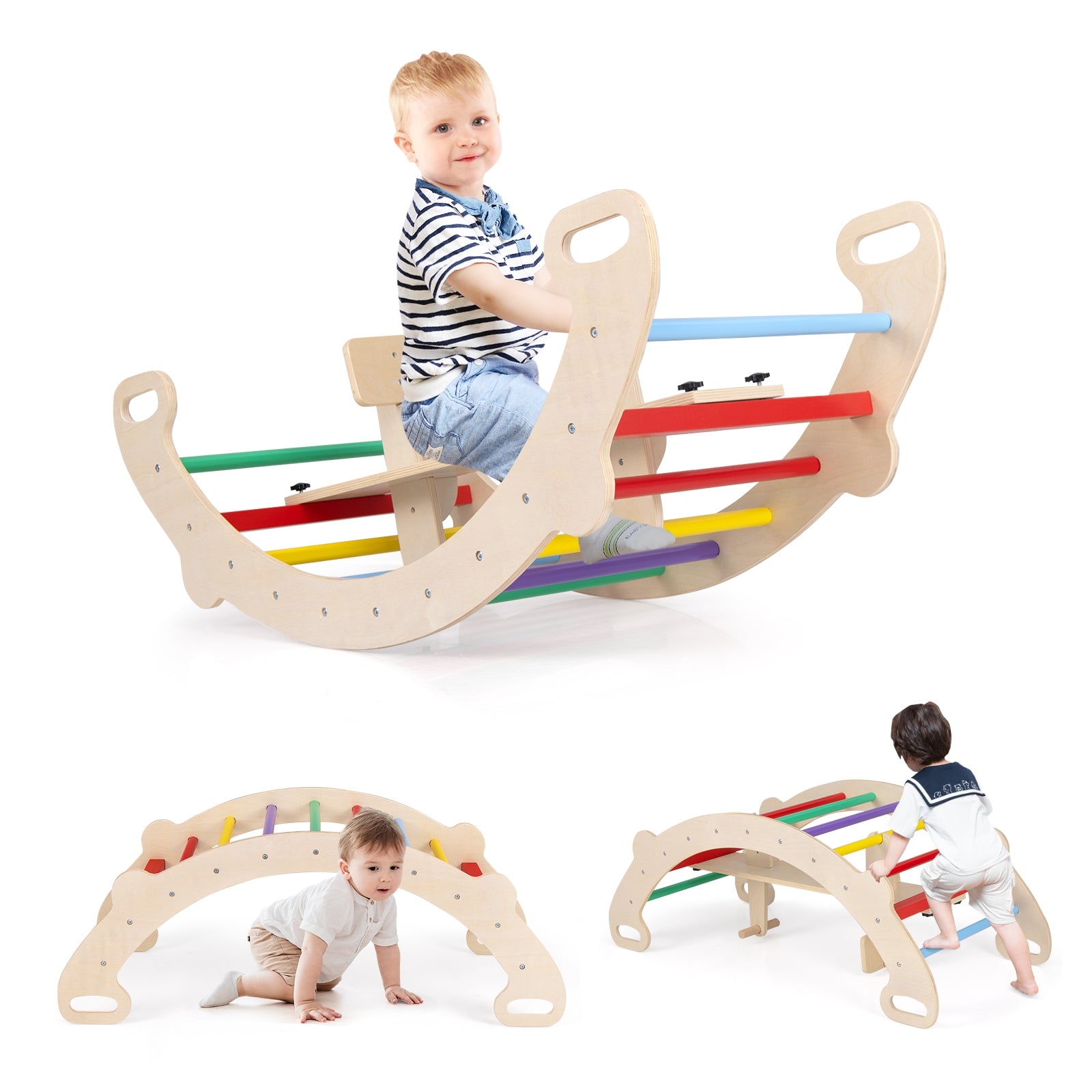 4-in-1 Multifunctional Wooden Climbing Toys with Rocker and Crawling Tunnel, Multicolor Climbers & Slides at Gallery Canada