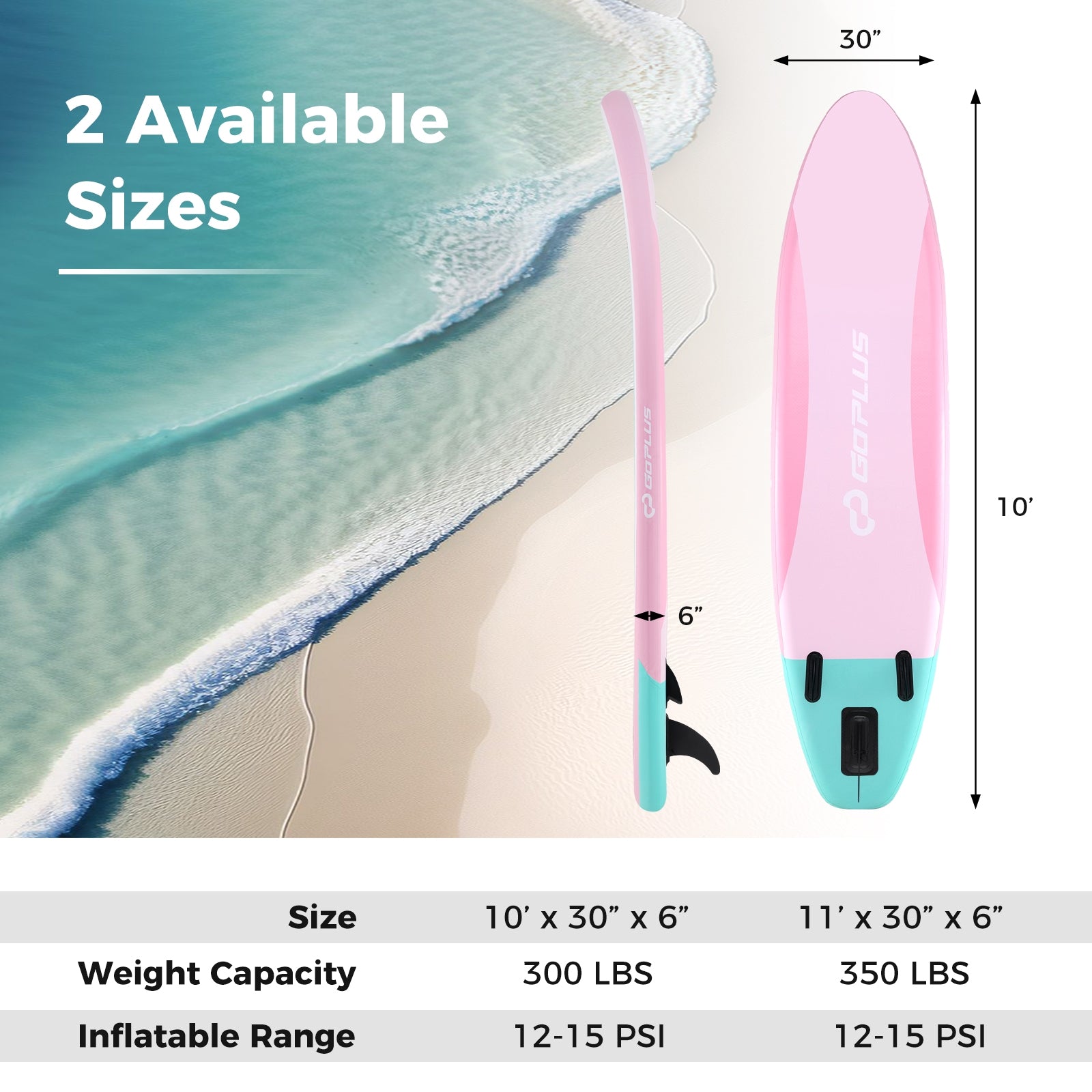 10 Feet Inflatable Stand up Paddle Board with 3 Fins and Adjustable Paddle-S, Pink Surfing at Gallery Canada