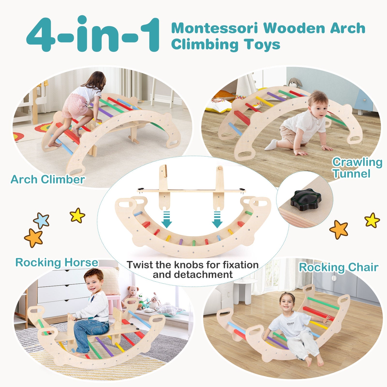 4-in-1 Multifunctional Wooden Climbing Toys with Rocker and Crawling Tunnel, Multicolor Climbers & Slides at Gallery Canada
