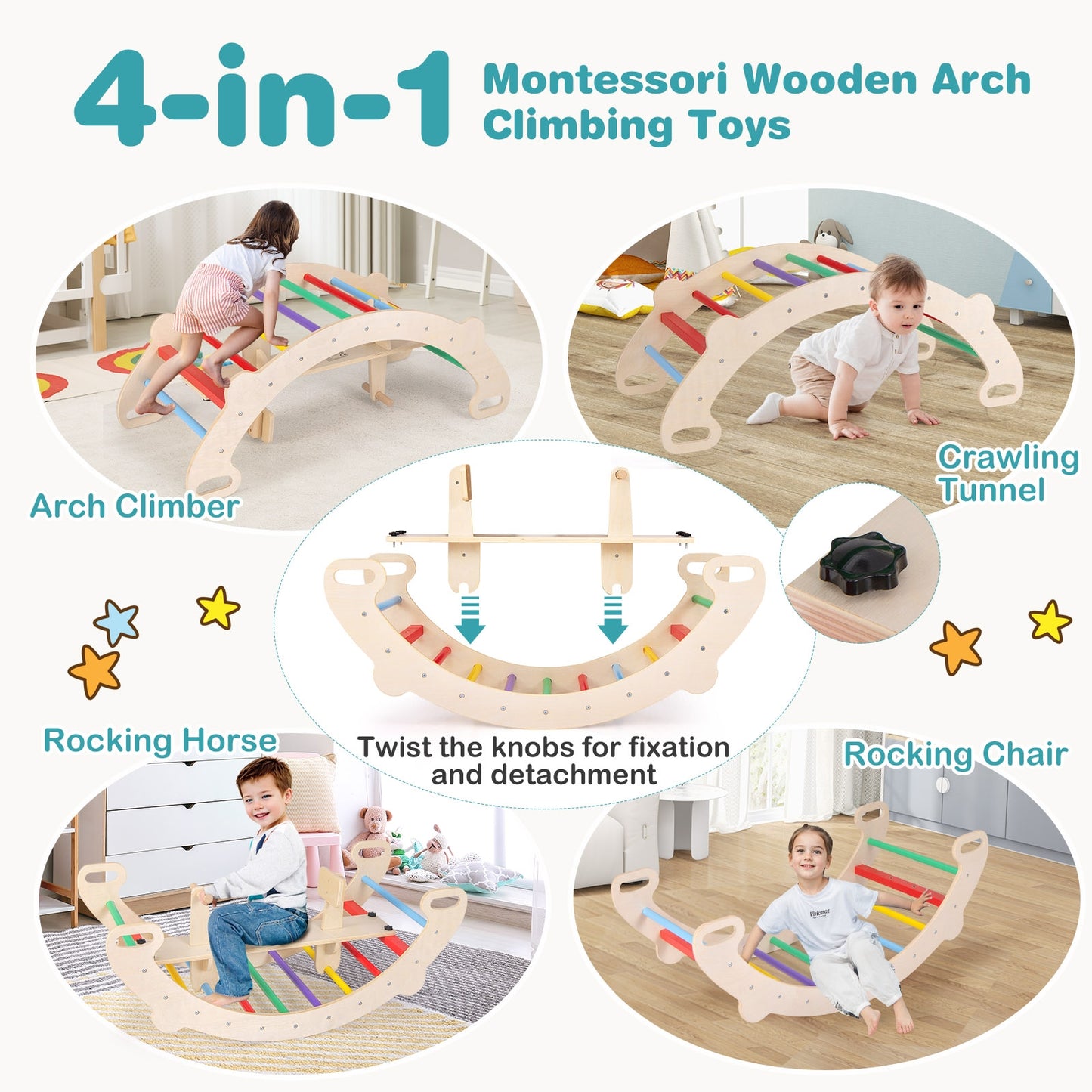 4-in-1 Multifunctional Wooden Climbing Toys with Rocker and Crawling Tunnel, Multicolor Climbers & Slides at Gallery Canada