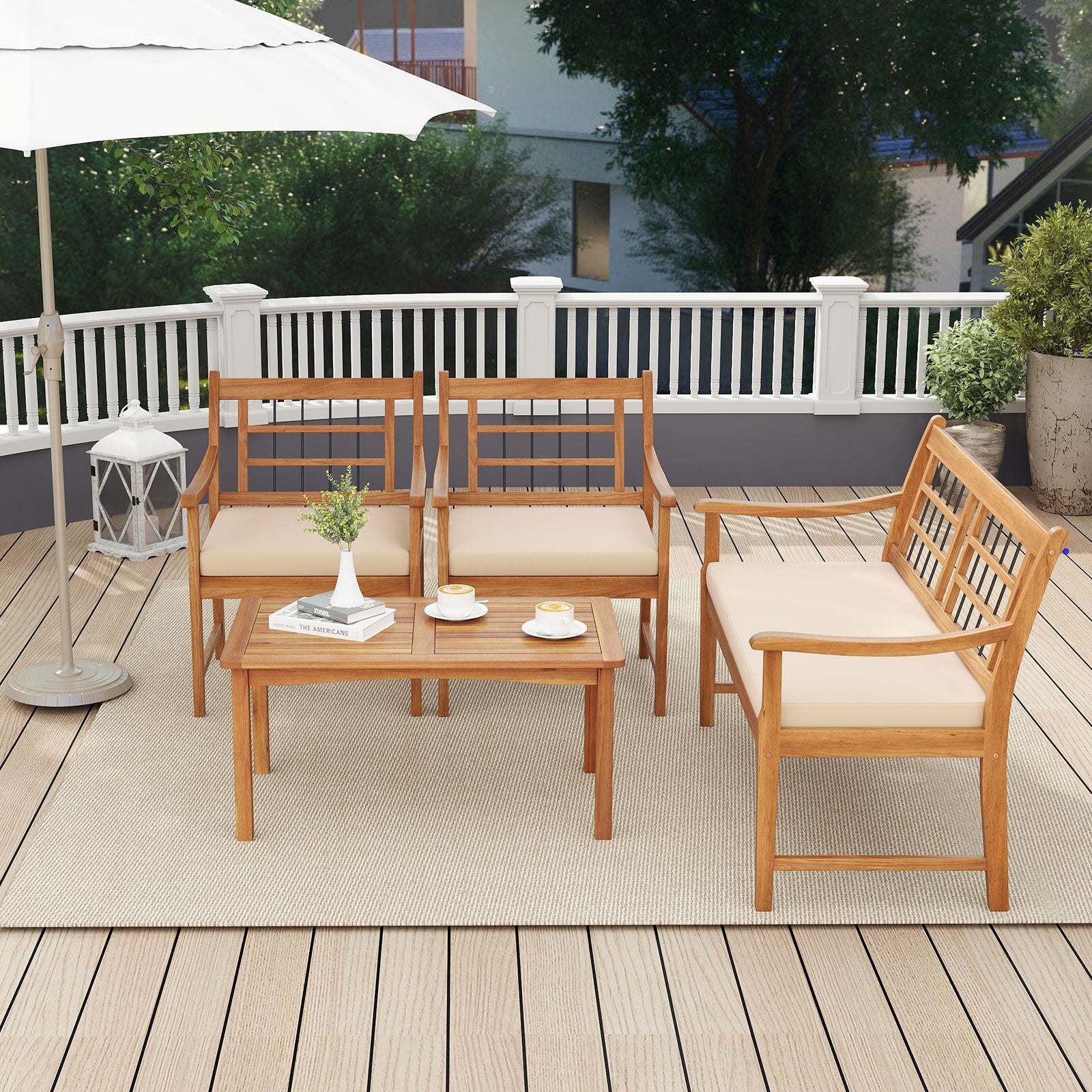 4 Piece Wood Patio Furniture with Armchairs Loveseat and Coffee Table, Off White Patio Conversation Sets at Gallery Canada