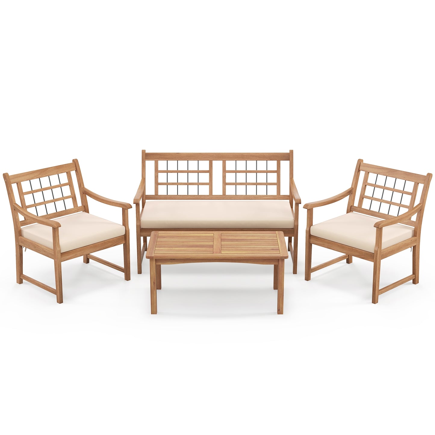 4 Pièces de Mobilier de Patio en Bois, Avec Fauteuils Canapé Table Basse, Blanc Cassé
