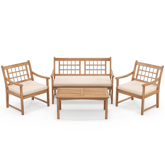 4 Piece Wood Patio Furniture, With Armchairs Loveseat Coffee Table, Off White Patio Conversation Sets Off White at Gallery Canada