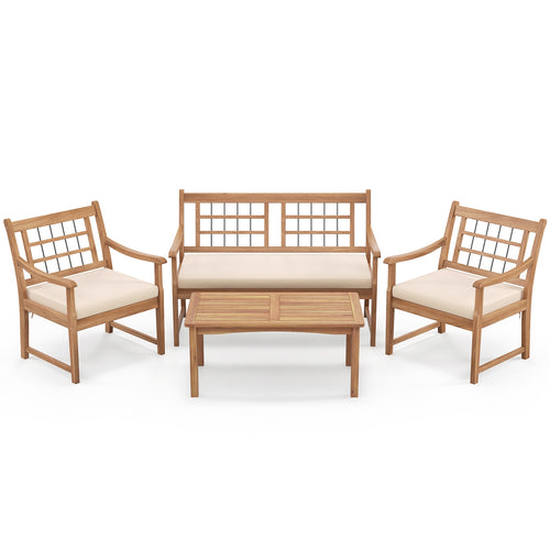 4 Piece Wood Patio Furniture, With Armchairs Loveseat Coffee Table, Off White