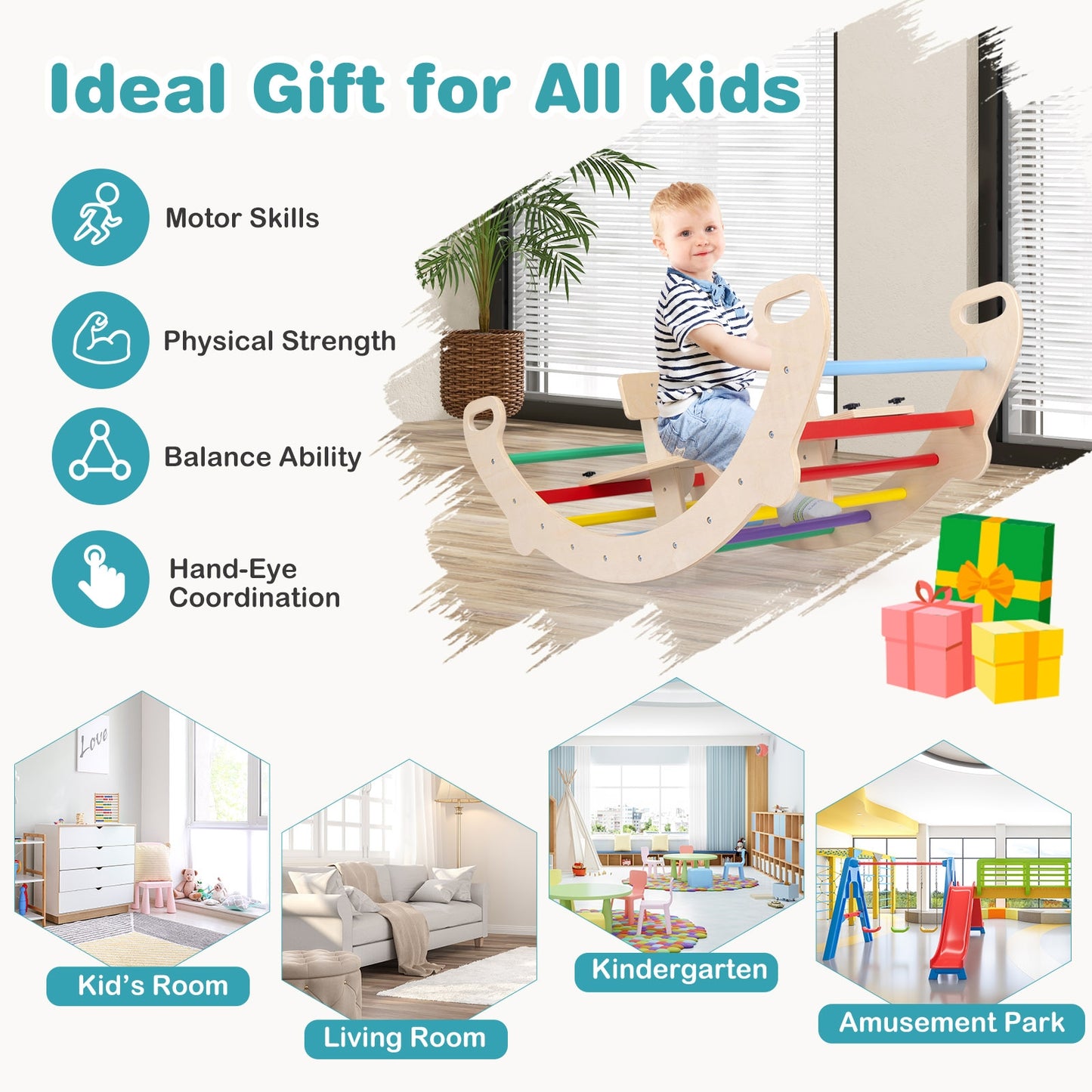 4-in-1 Multifunctional Wooden Climbing Toys with Rocker and Crawling Tunnel, Multicolor Climbers & Slides at Gallery Canada