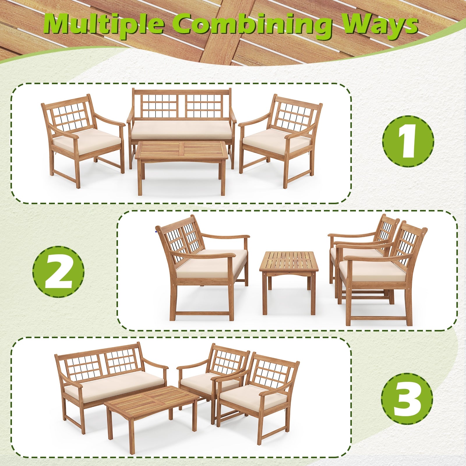 4 Piece Wood Patio Furniture with Armchairs Loveseat and Coffee Table, Off White Patio Conversation Sets at Gallery Canada