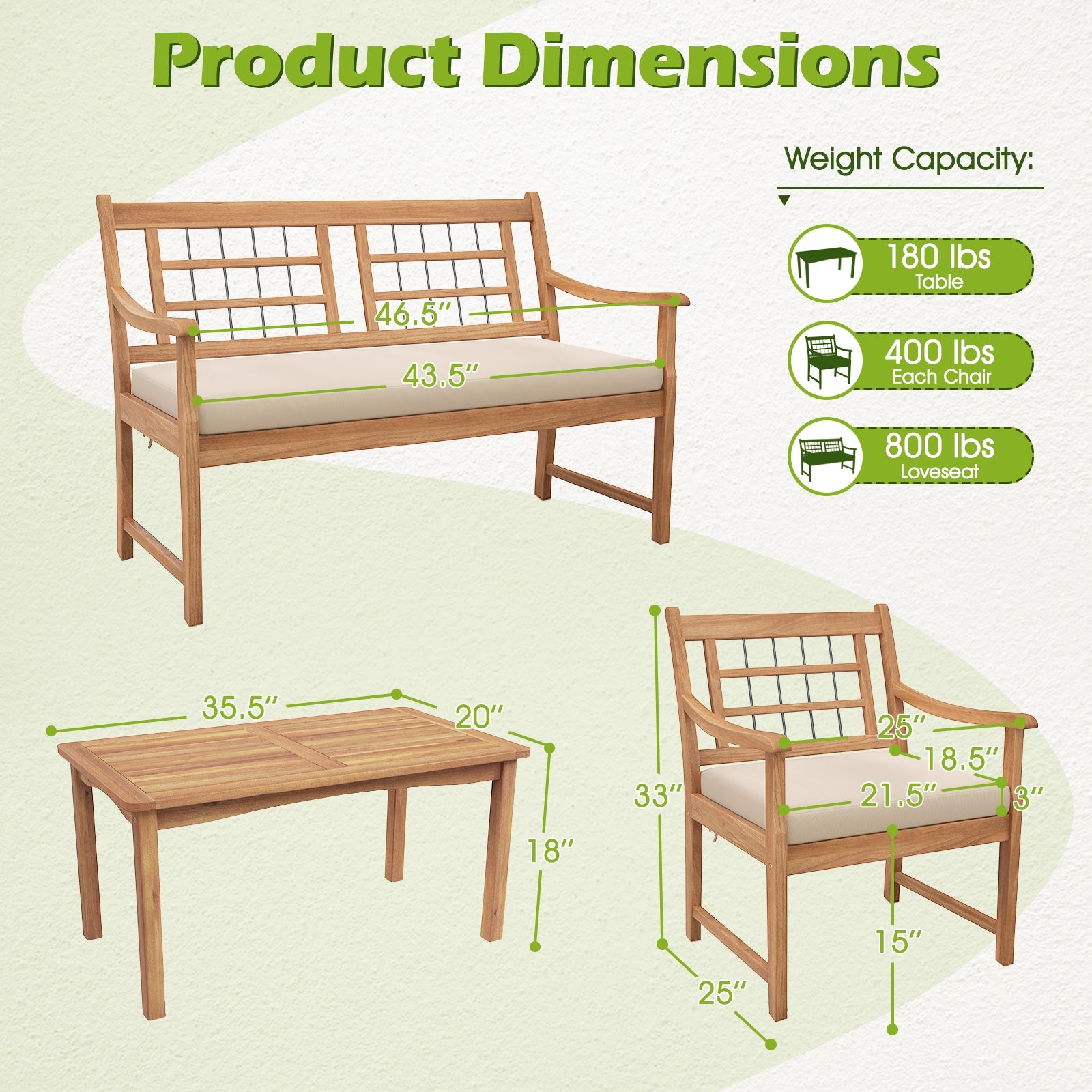 4 Piece Wood Patio Furniture with Armchairs Loveseat and Coffee Table, Off White Patio Conversation Sets at Gallery Canada