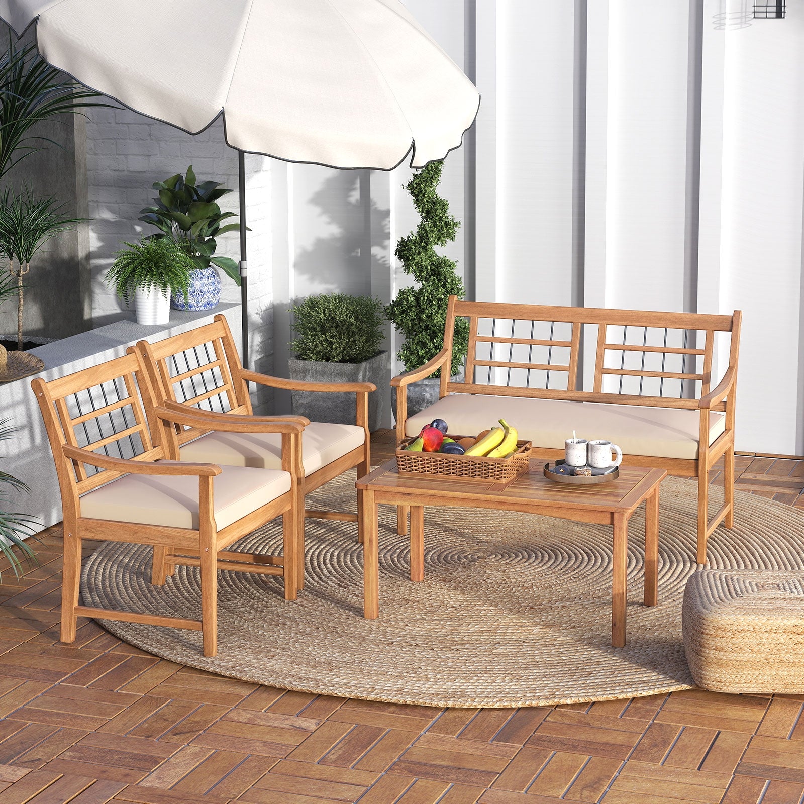 4 Piece Wood Patio Furniture with Armchairs Loveseat and Coffee Table, Off White Patio Conversation Sets at Gallery Canada
