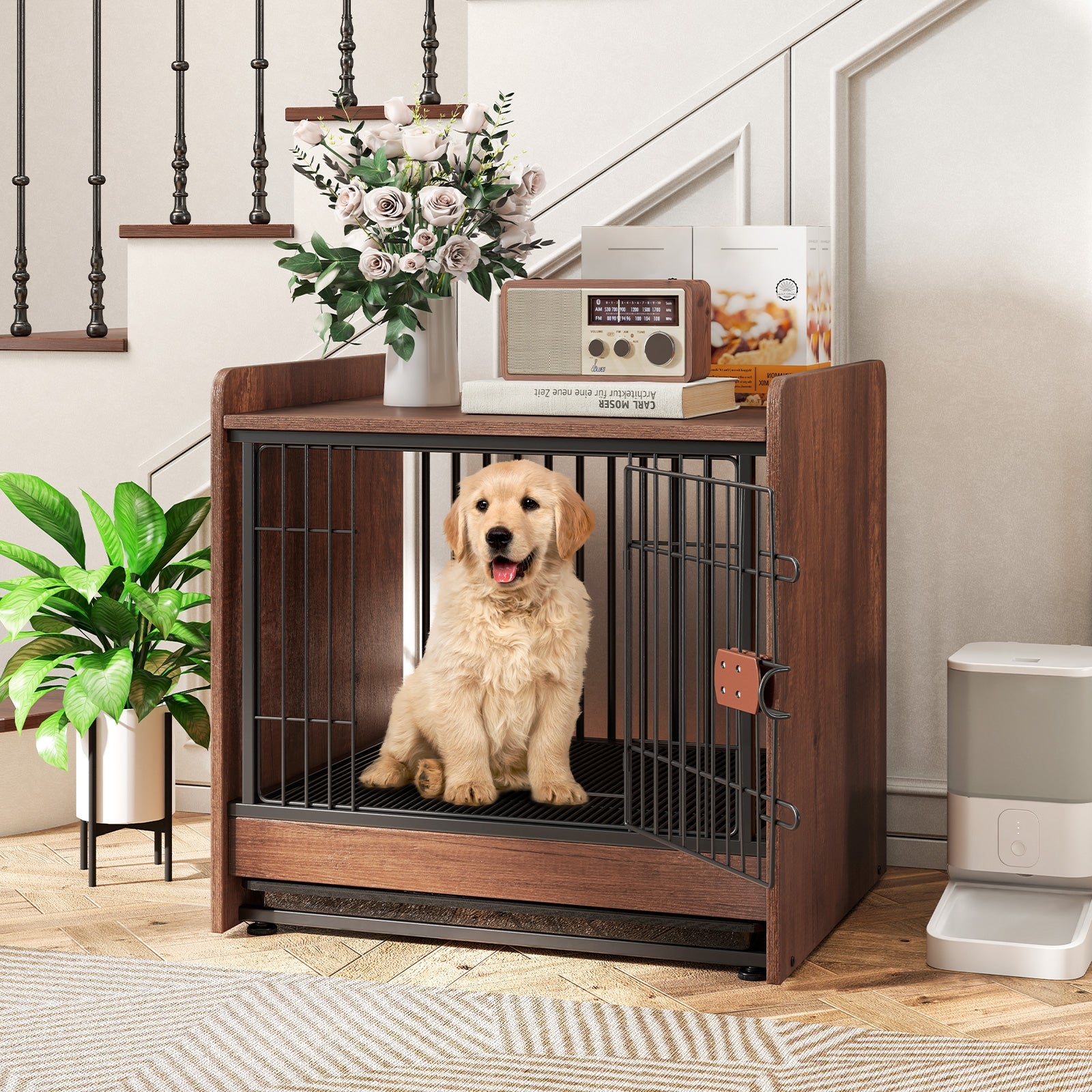 Dog Crate Indoor Dog Cage with Removable Tray and Lockable Door, Rustic Brown Dog Kennels at Gallery Canada