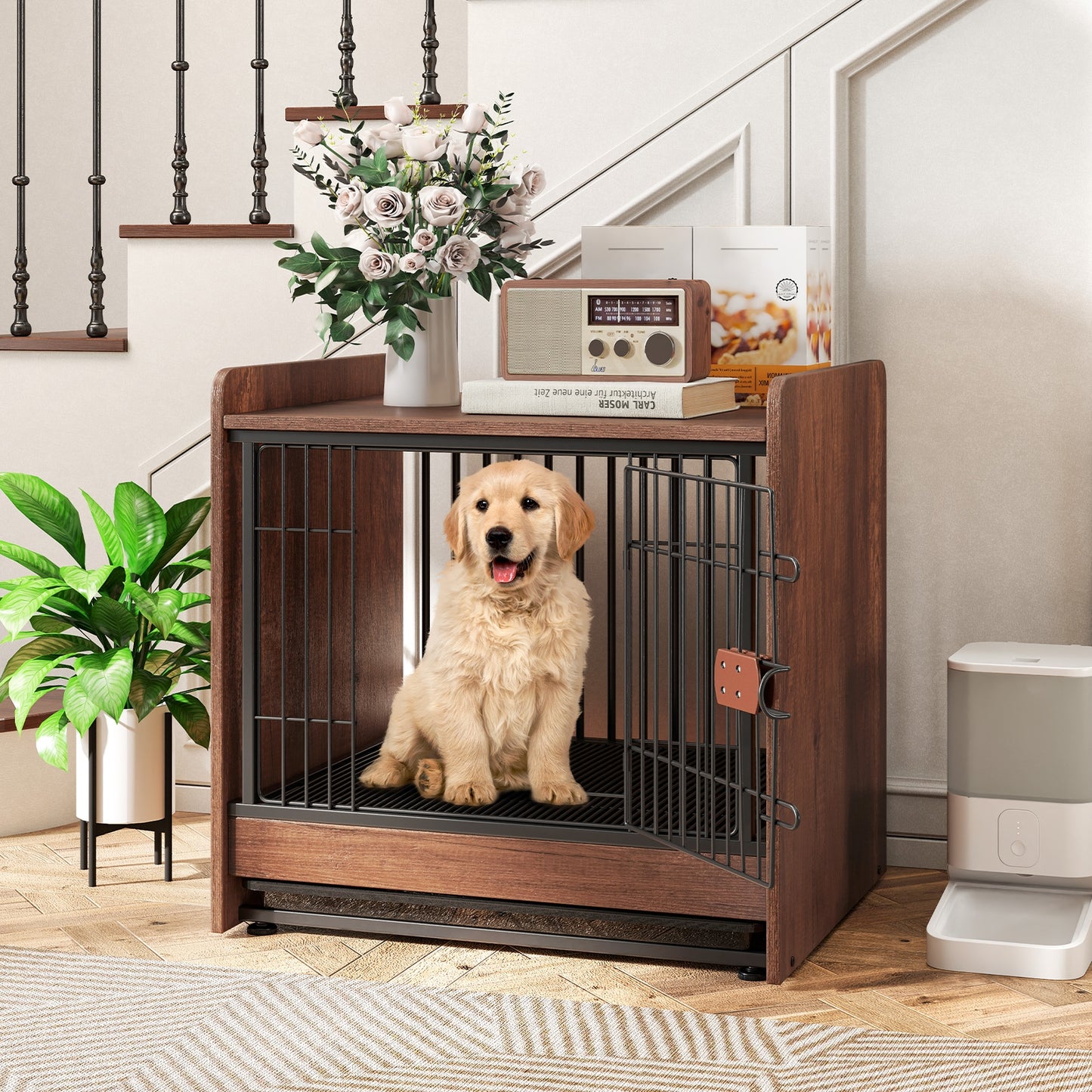 Dog Crate Indoor Dog Cage with Removable Tray and Lockable Door, Rustic Brown Dog Kennels at Gallery Canada