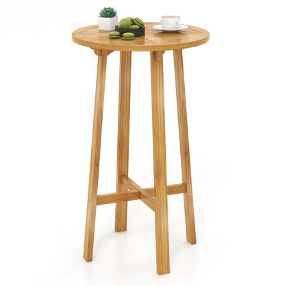 24 Inch Teak Wood Round Bar Table with Footrest for Indoors Outdoors, Natural Bar Tables at Gallery Canada