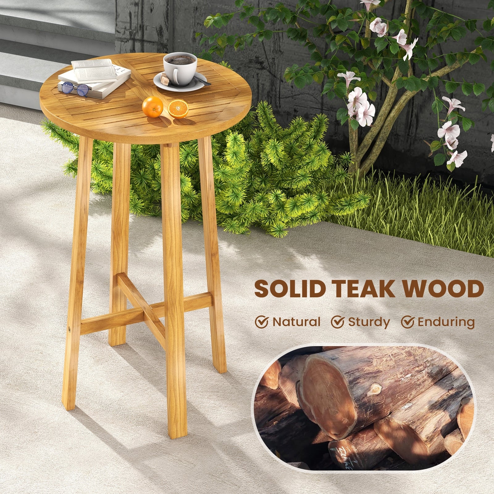 24 Inch Teak Wood Round Bar Table with Footrest for Indoors Outdoors, Natural Bar Tables at Gallery Canada