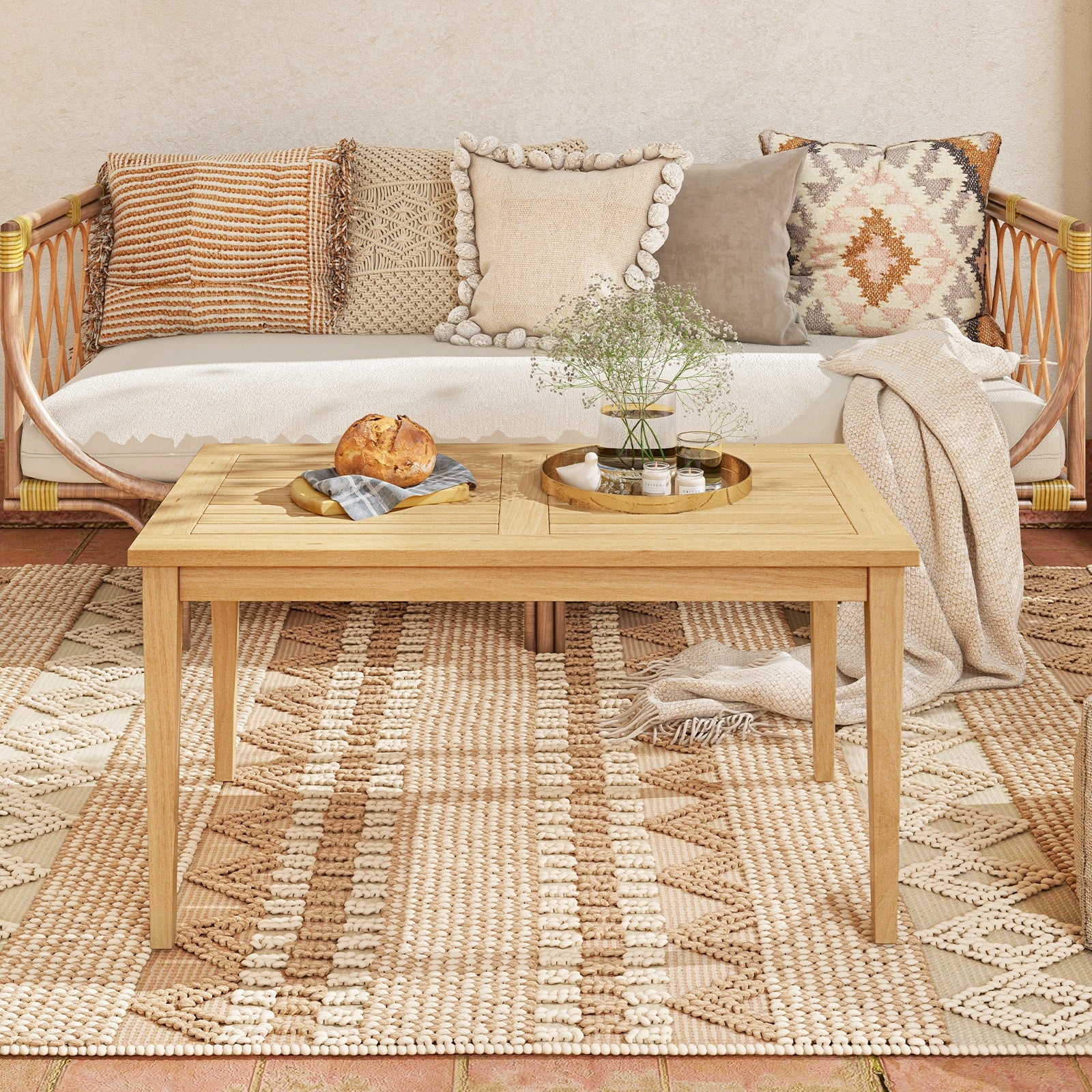 20 Inch x 35.5 Inch Outdoor Teak Wood Coffee Table with Slatted Tabletop for Balcony, Natural Patio Coffee Tables at Gallery Canada