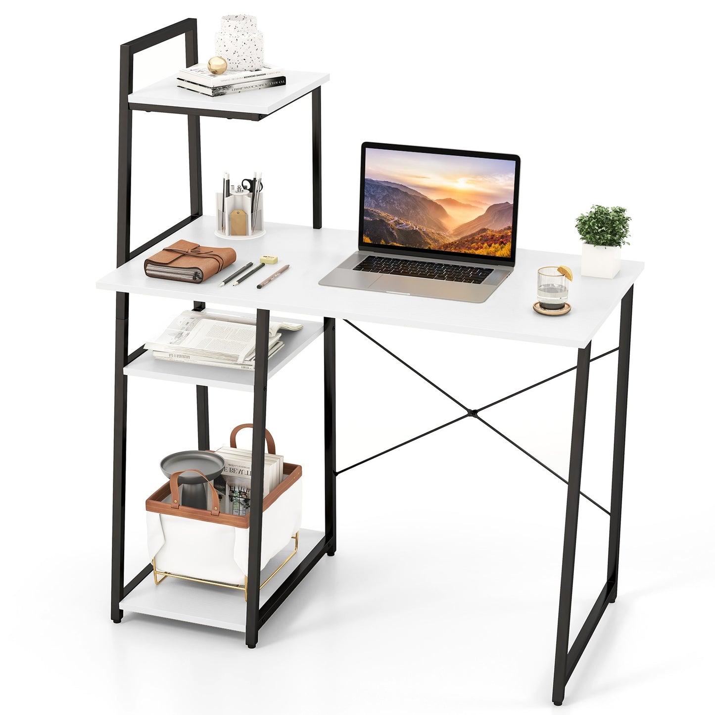 Compact Computer Desk Workstation With 4 Tier Shelves, White Writing Desks White at Gallery Canada
