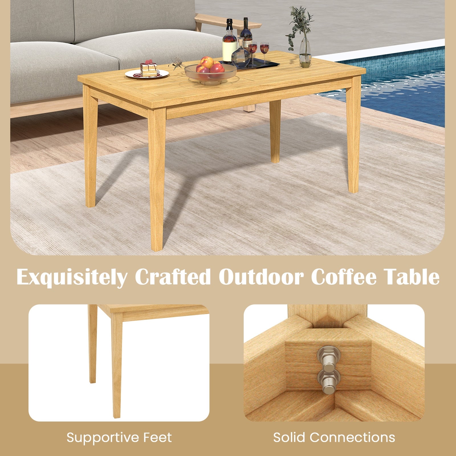 20 Inch x 35.5 Inch Outdoor Teak Wood Coffee Table with Slatted Tabletop for Balcony, Natural Patio Coffee Tables at Gallery Canada