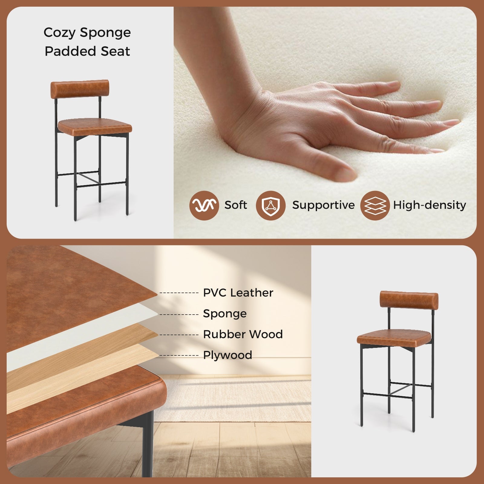 20 Inch Upholstered Bar Stools Set of 2 Counter Height Bar Chairs with Backrest, Brown Bar Stools at Gallery Canada