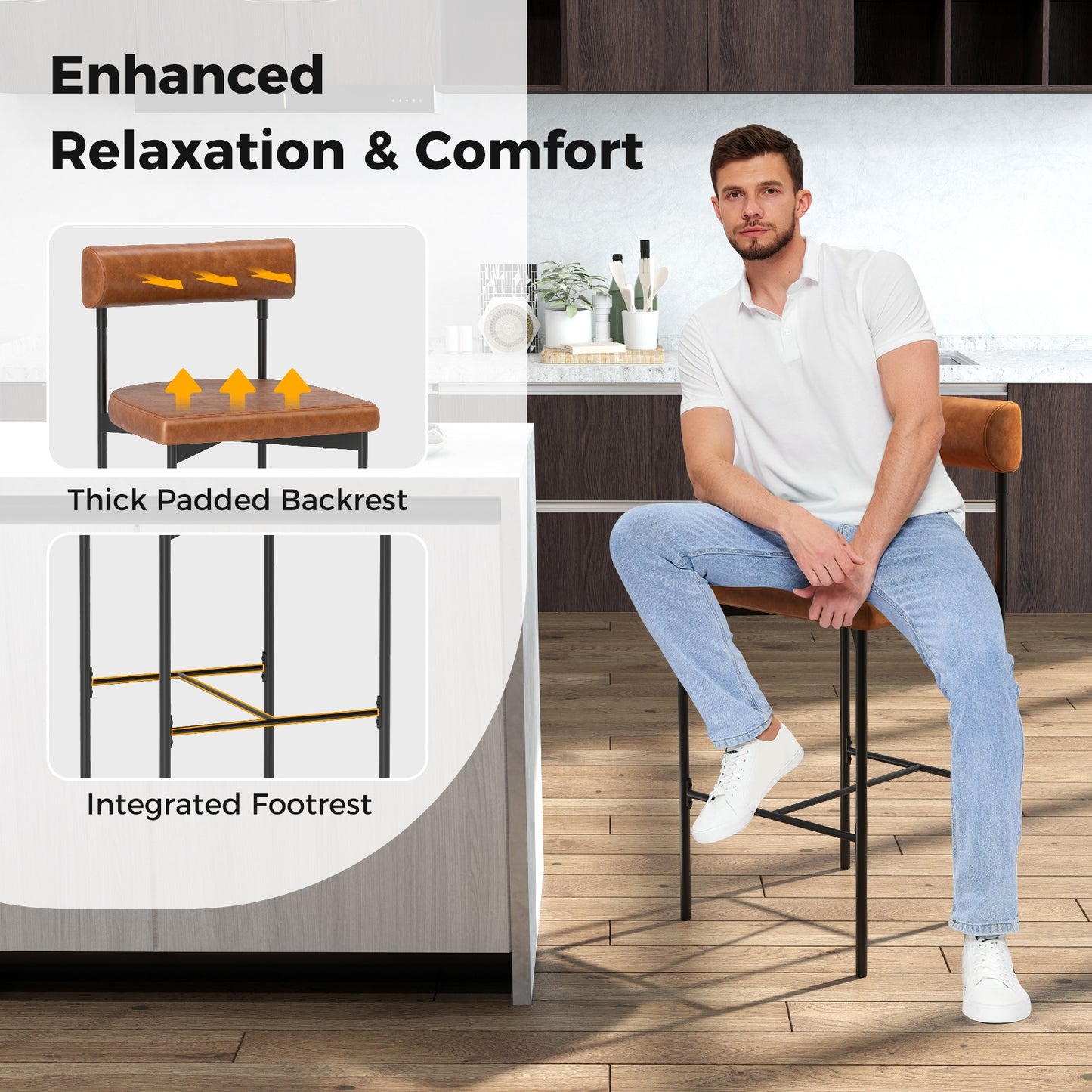 20 Inch Upholstered Bar Stools Set of 2 Counter Height Bar Chairs with Backrest, Brown Bar Stools at Gallery Canada