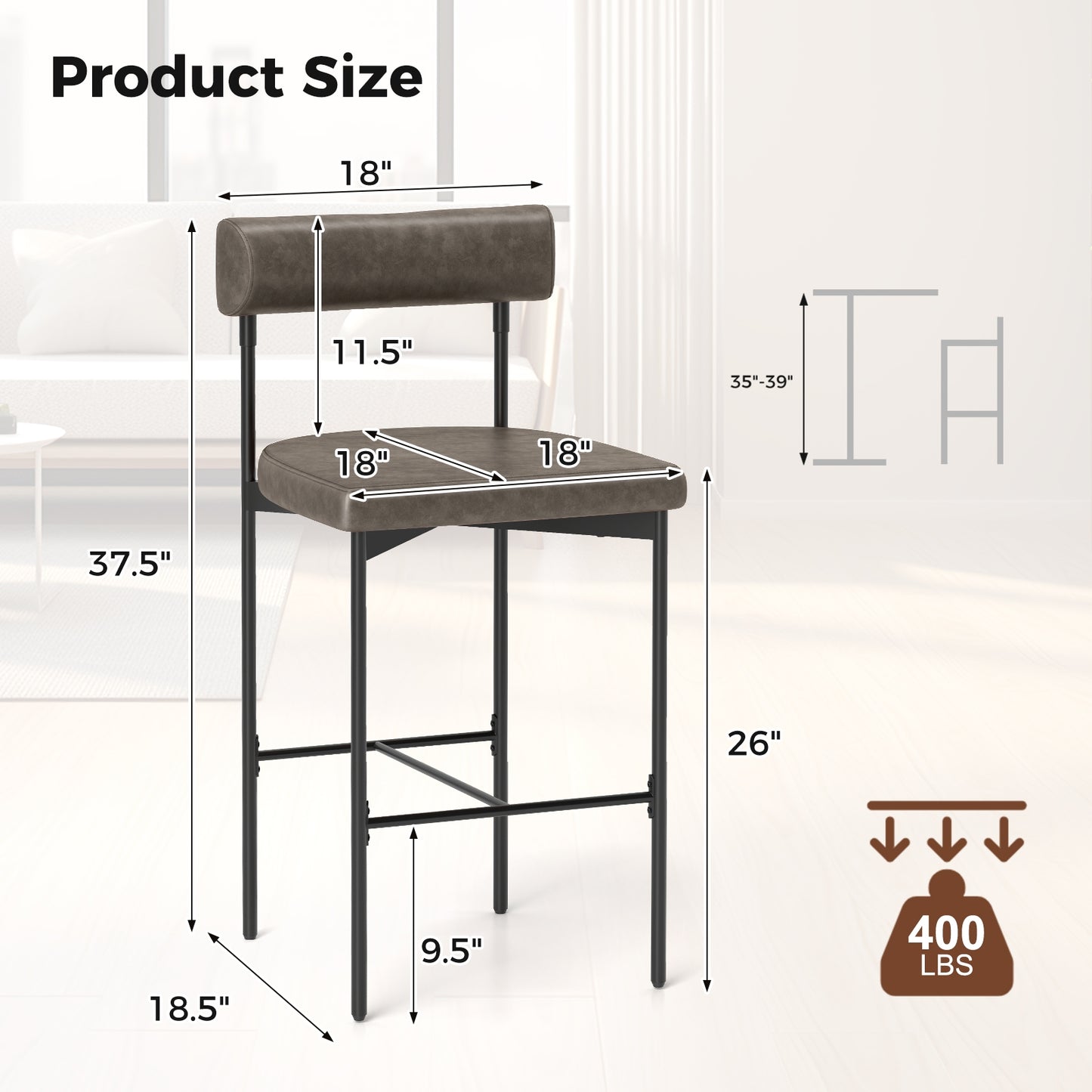 20 Inch Upholstered Bar Stools Set of 2 Counter Height Bar Chairs with Backrest, Gray Bar Stools at Gallery Canada