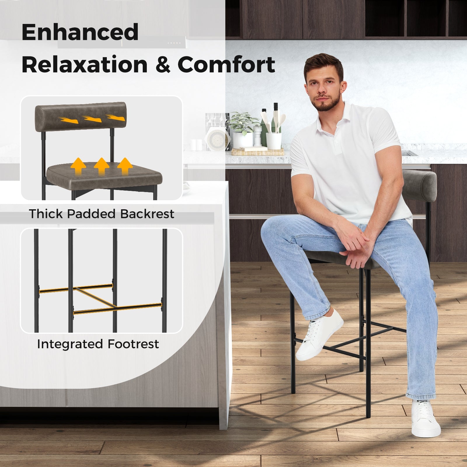 20 Inch Upholstered Bar Stools Set of 2 Counter Height Bar Chairs with Backrest, Gray Bar Stools at Gallery Canada