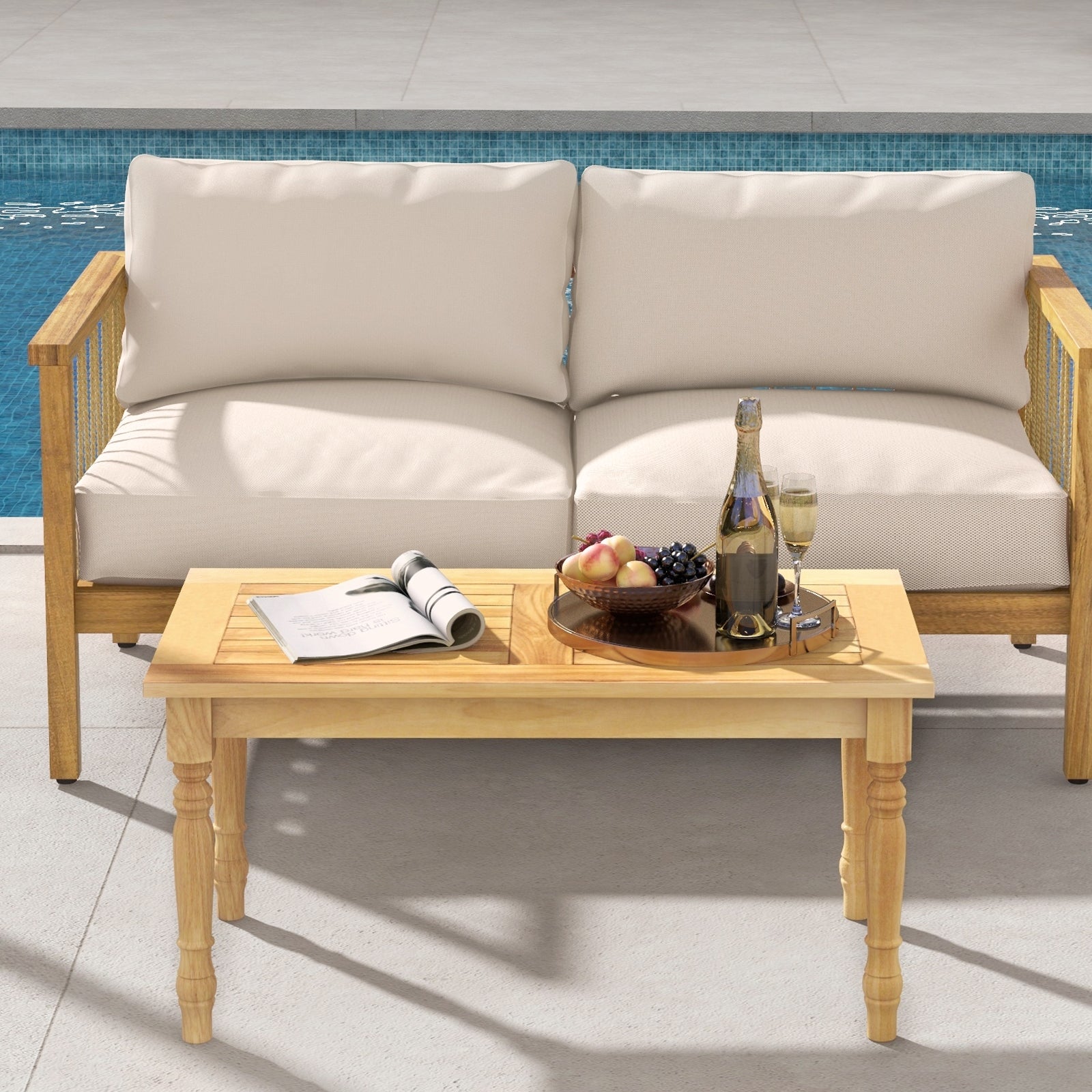 Patio Coffee Table with Solid Teak Wood Structure and Slatted Tabletop, Natural Patio Coffee Tables at Gallery Canada