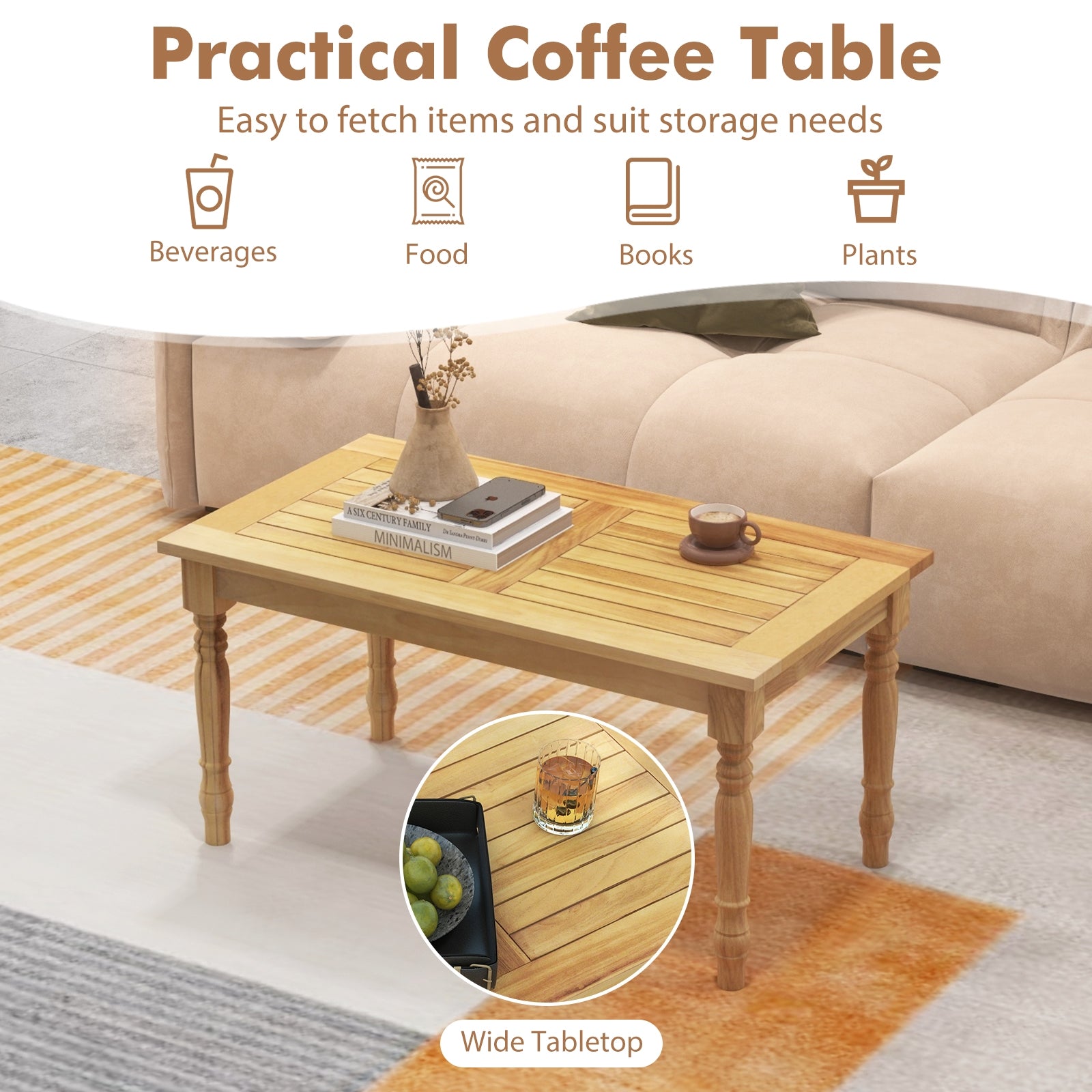 Patio Coffee Table with Solid Teak Wood Structure and Slatted Tabletop, Natural Patio Coffee Tables at Gallery Canada