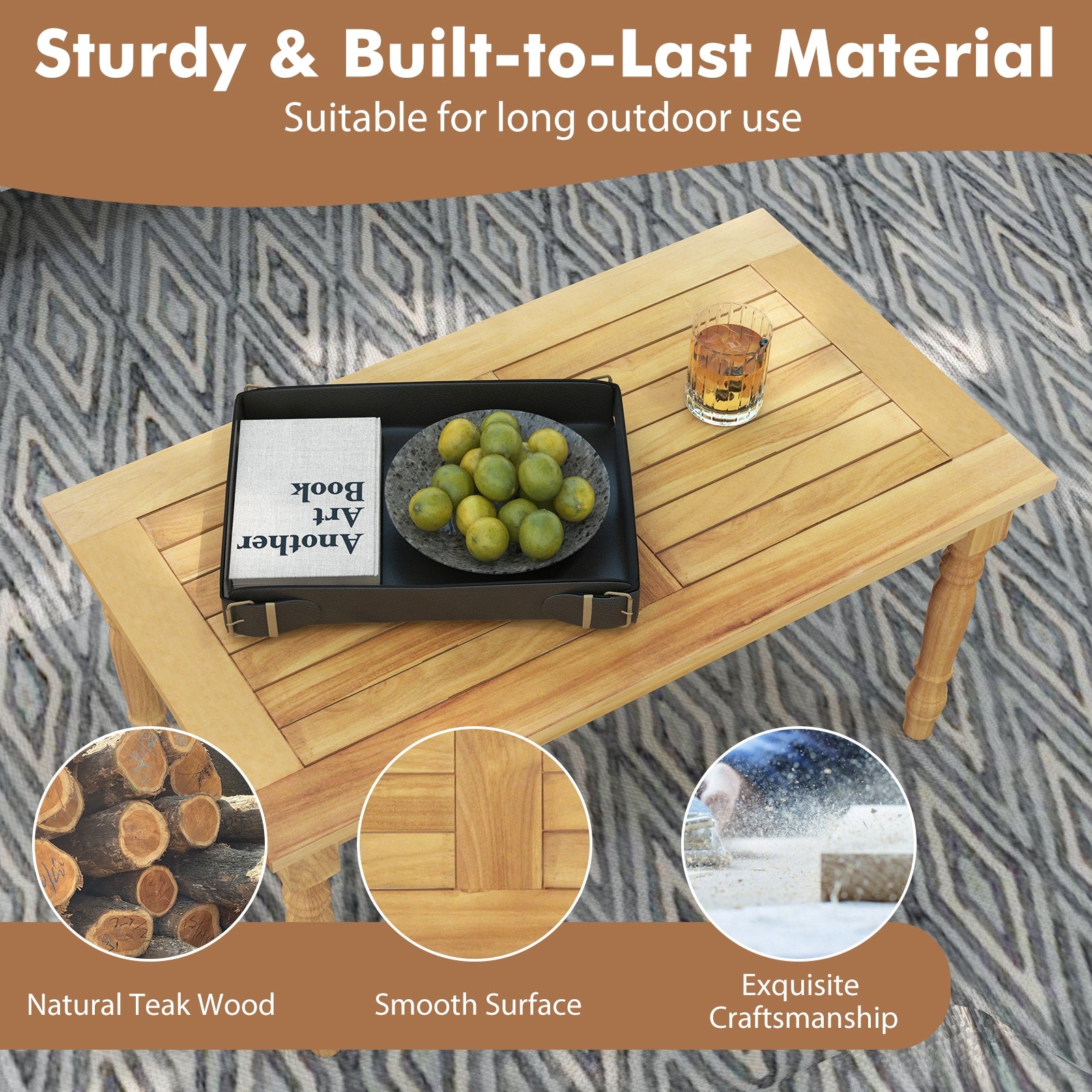 Patio Coffee Table with Solid Teak Wood Structure and Slatted Tabletop, Natural Patio Coffee Tables at Gallery Canada