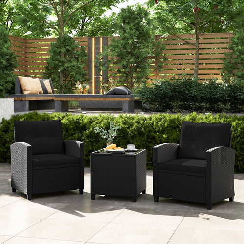 3 Piece Patio Set, Tempered Glass Coffee Table, Black