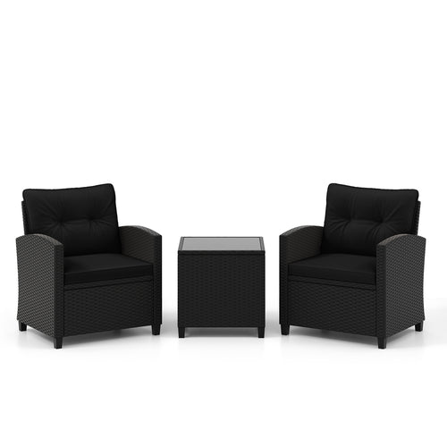 3 Piece Patio Set, Tempered Glass Coffee Table, Black