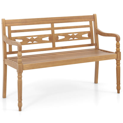 Banc de patio en bois de teck pour 2 personnes, dossier large, accoudoirs courbés, naturel