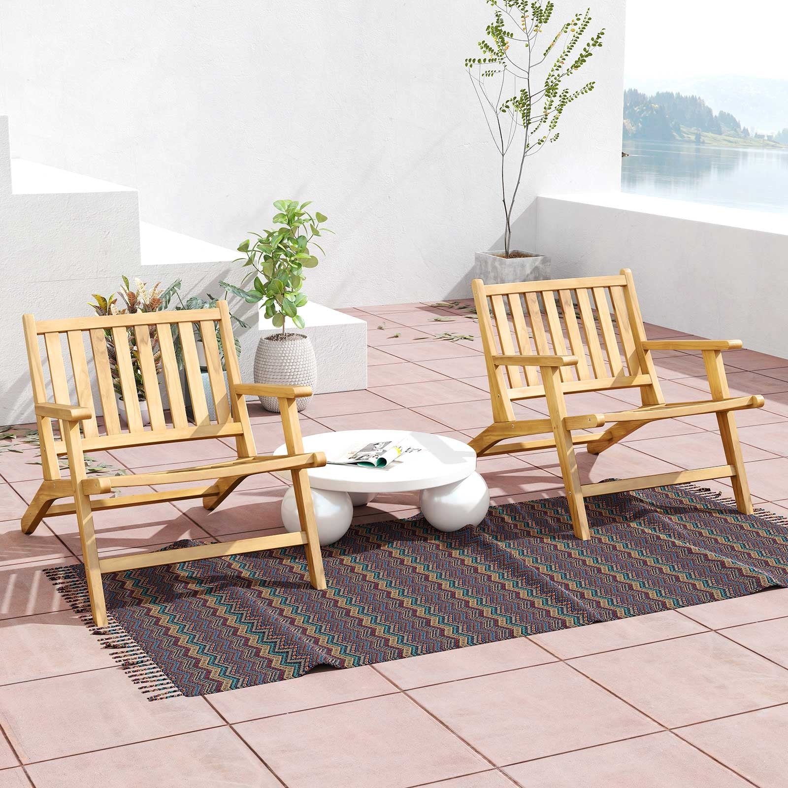 Teak Wood Outdoor Reclining Chair with Comfortable Backrest and Armrests, Natural Outdoor Seating & Patio Chairs at Gallery Canada