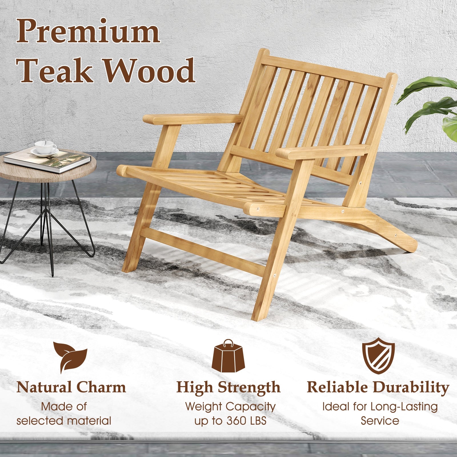 Teak Wood Outdoor Reclining Chair with Comfortable Backrest and Armrests, Natural Outdoor Seating & Patio Chairs at Gallery Canada