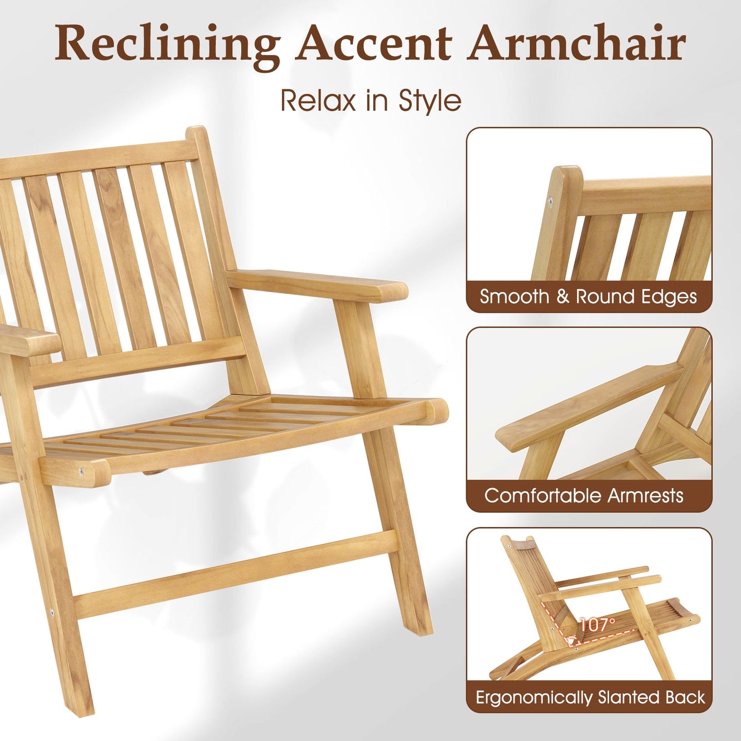 Teak Wood Outdoor Reclining Chair with Comfortable Backrest and Armrests, Natural Outdoor Seating & Patio Chairs at Gallery Canada