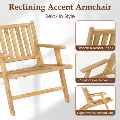 Teak Wood Outdoor Reclining Chair with Comfortable Backrest and Armrests, Natural Outdoor Seating & Patio Chairs at Gallery Canada