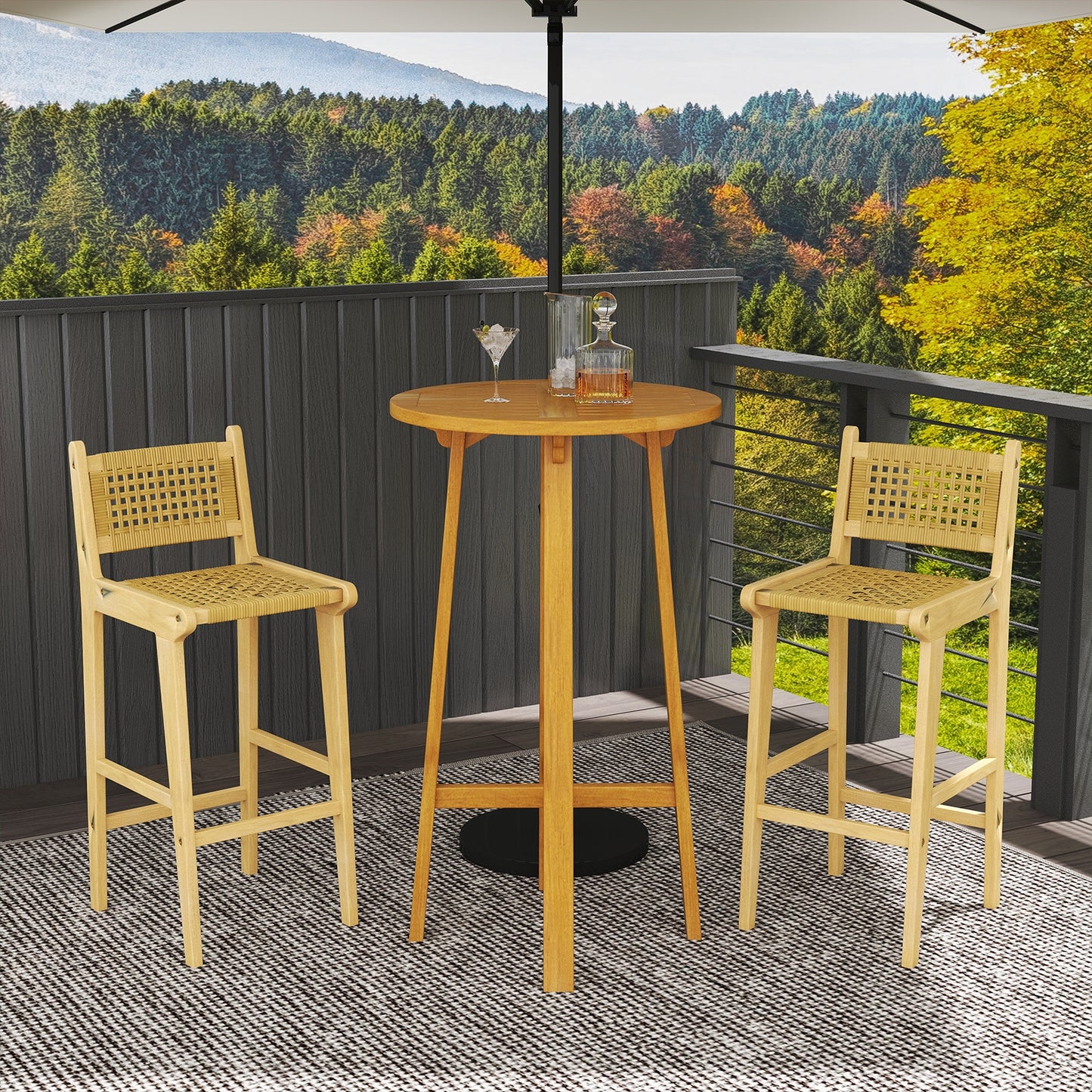 Patio Teak Wood Bar Stool with Rattan Backrest and Seat, Natural Patio Bar Furniture at Gallery Canada
