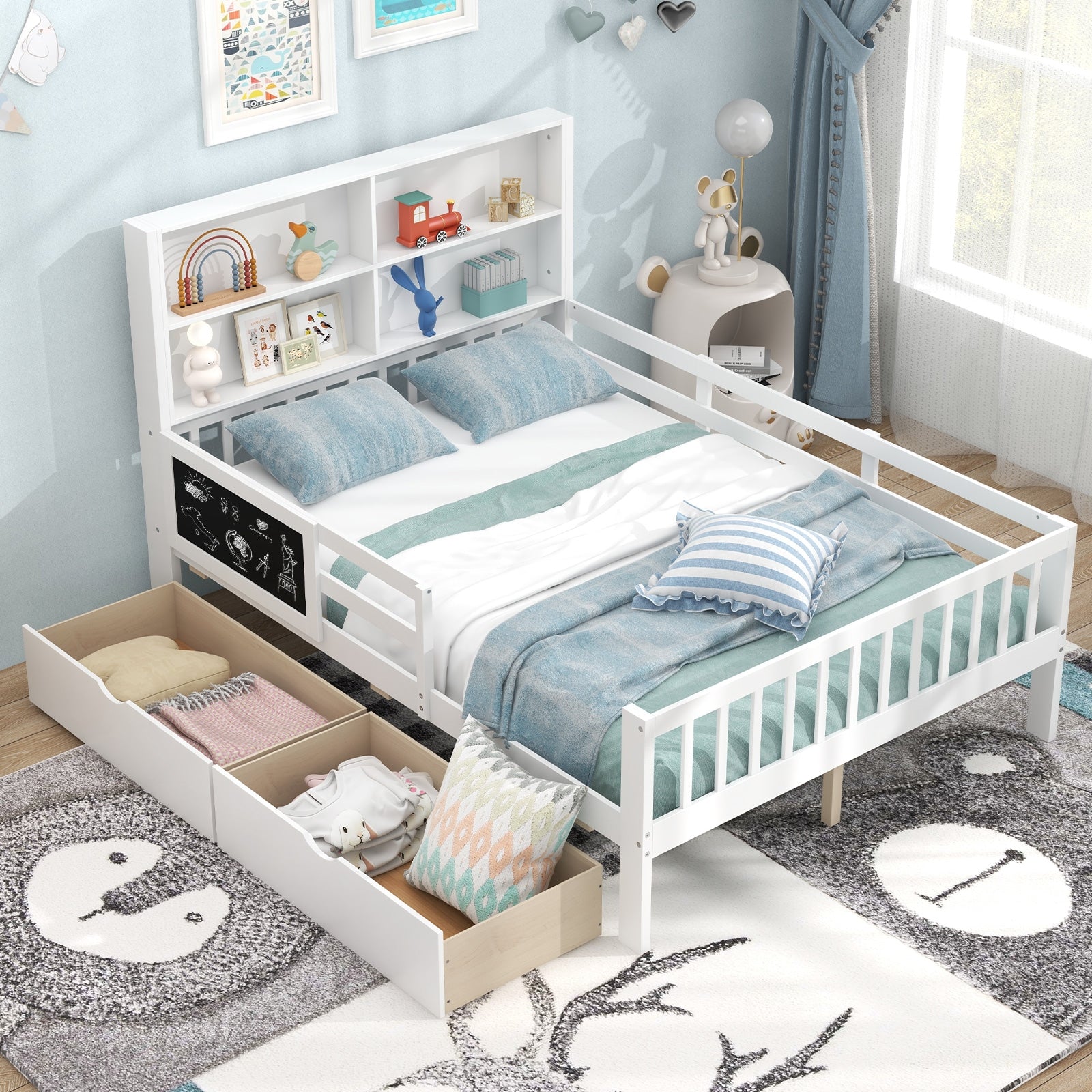 Twin/Full Size Bed Frame with 2 Drawers and Bookcase for Boys and Girls-Full Size Toddler Beds at Gallery Canada