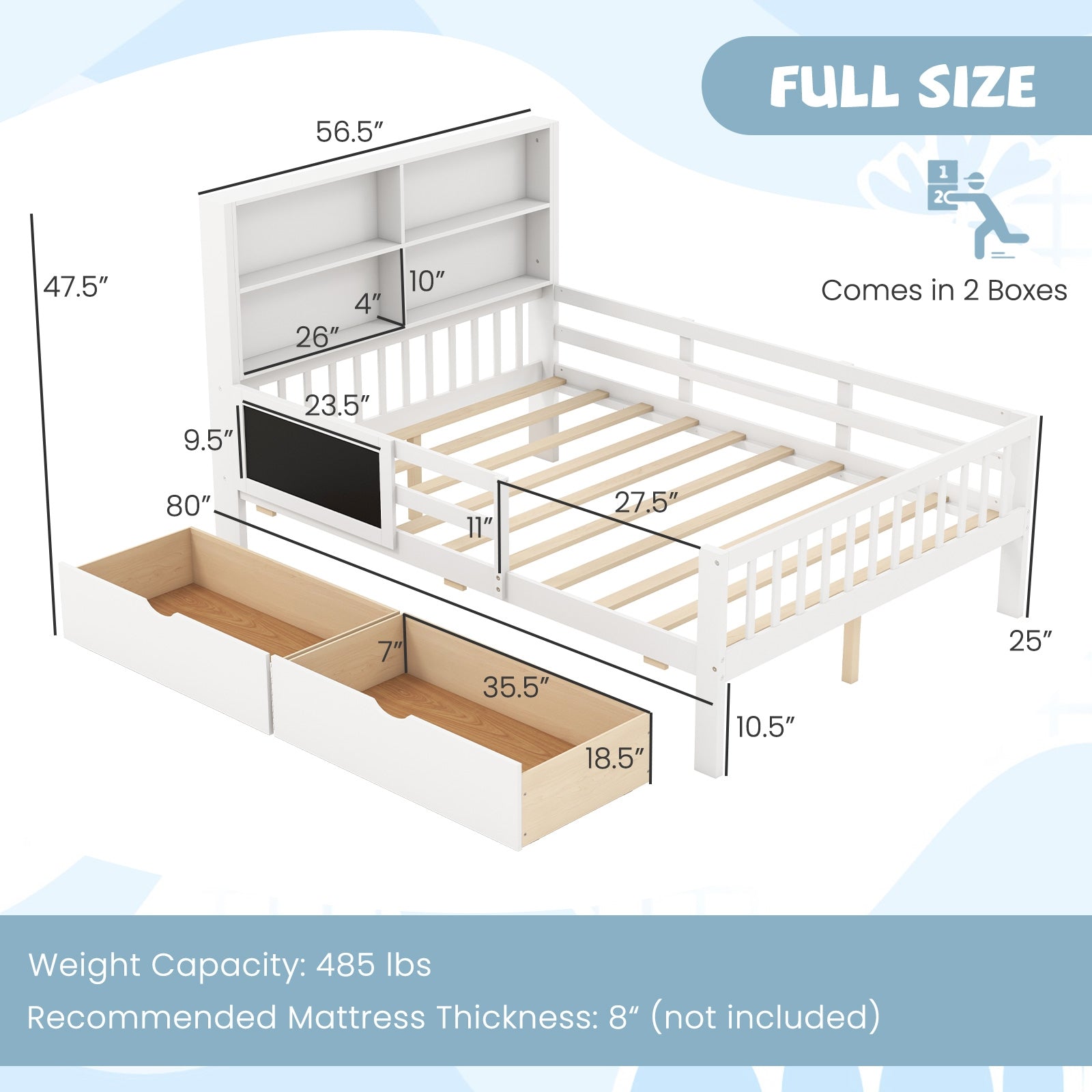 Twin/Full Size Bed Frame with 2 Drawers and Bookcase for Boys and Girls-Full Size Toddler Beds at Gallery Canada