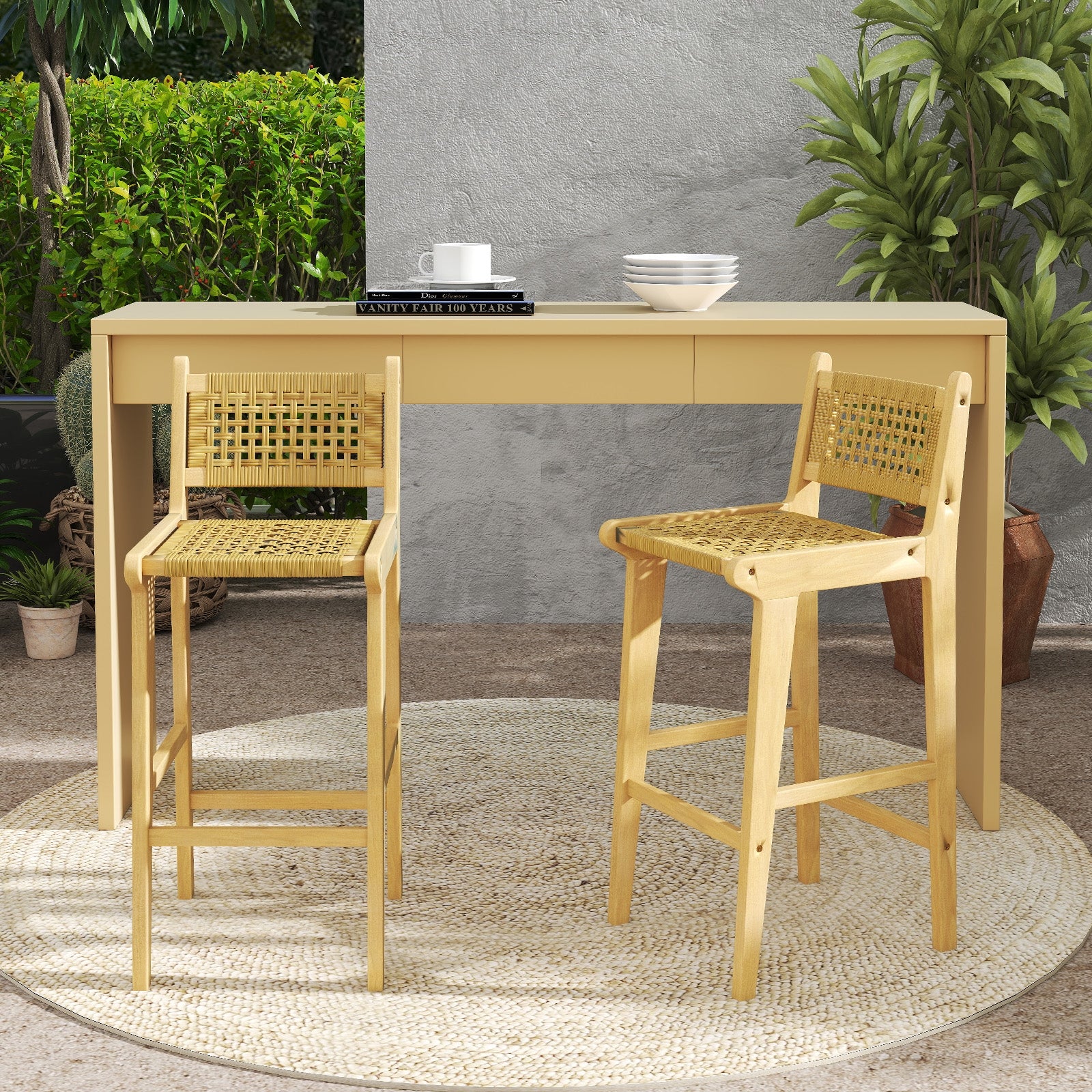 Patio Teak Wood Bar Stool with Rattan Backrest and Seat, Natural Patio Bar Furniture at Gallery Canada