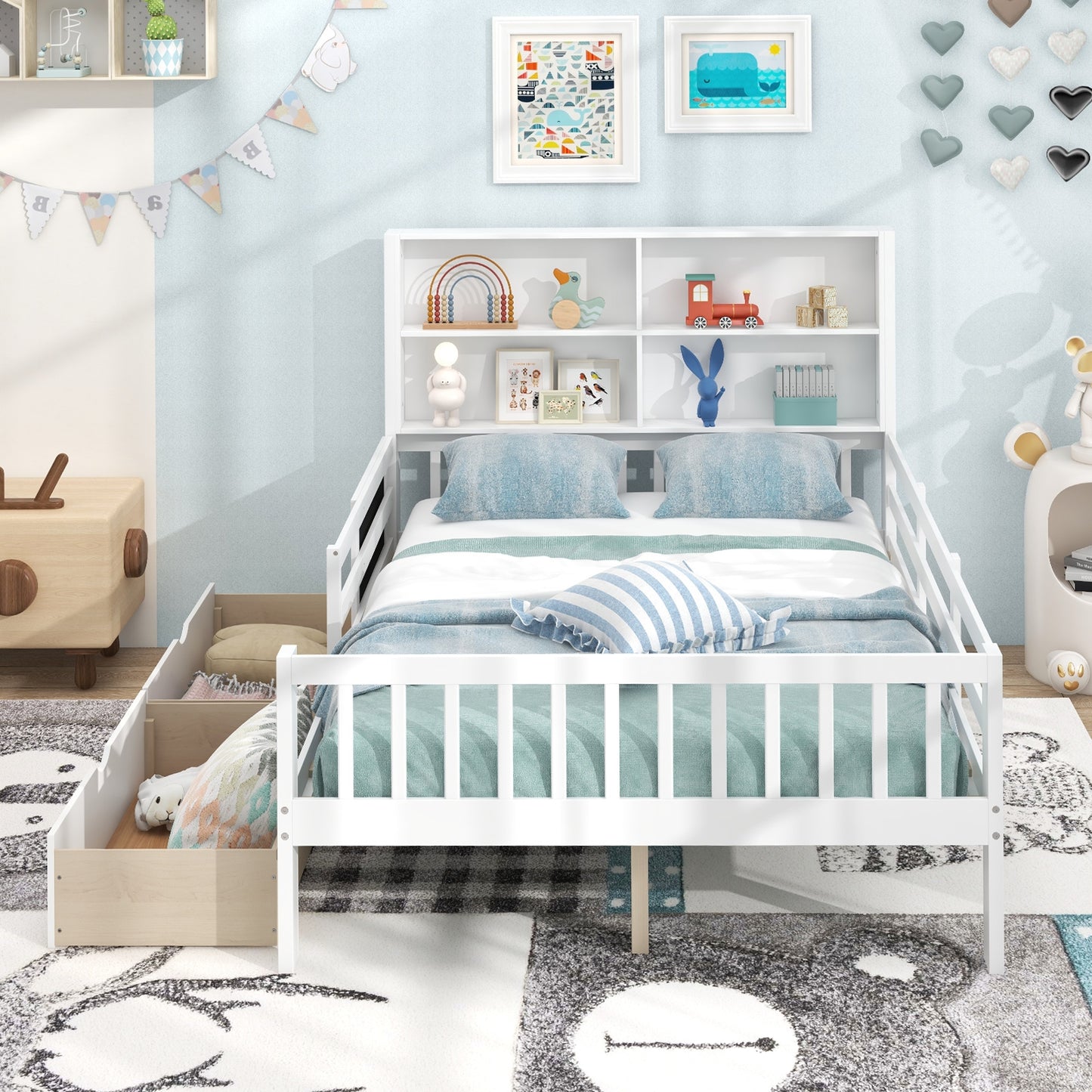 Twin/Full Size Bed Frame with 2 Drawers and Bookcase for Boys and Girls-Full Size Toddler Beds at Gallery Canada