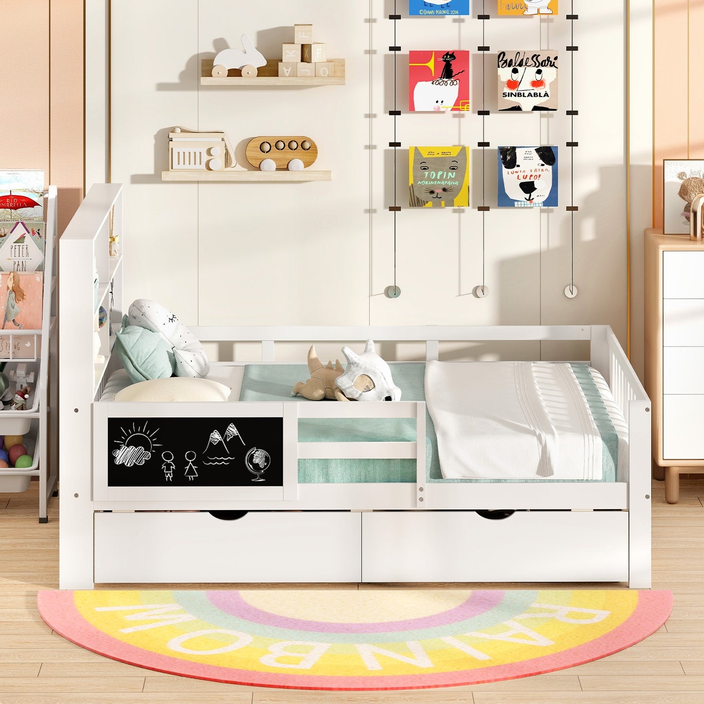 Twin/Full Size Bed Frame with 2 Drawers and Bookcase for Boys and Girls-Full Size Toddler Beds at Gallery Canada
