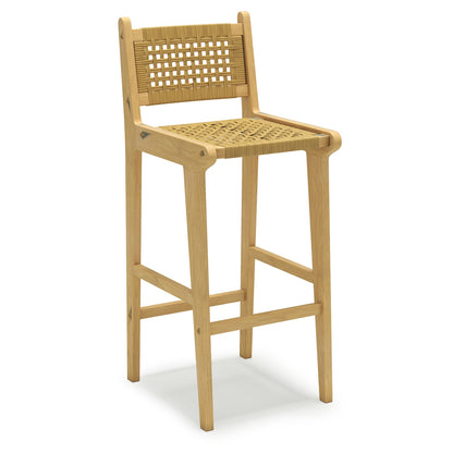 Patio Teak Wood Bar Stool with Rattan Backrest and Seat, Natural Patio Bar Furniture Natural at Gallery Canada