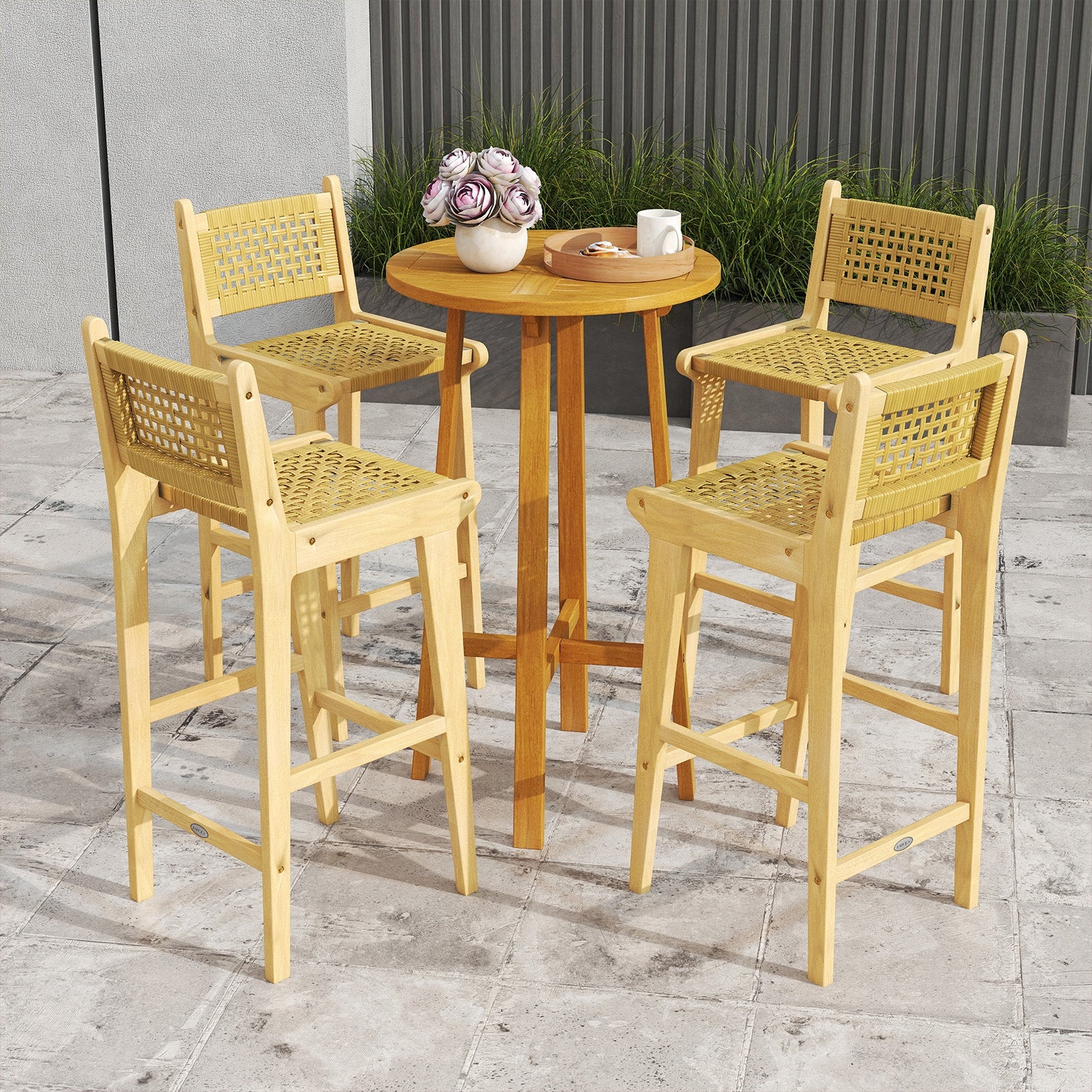 Patio Teak Wood Bar Stool with Rattan Backrest and Seat, Natural Patio Bar Furniture at Gallery Canada