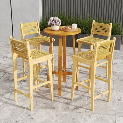 Patio Teak Wood Bar Stool with Rattan Backrest and Seat, Natural Patio Bar Furniture at Gallery Canada