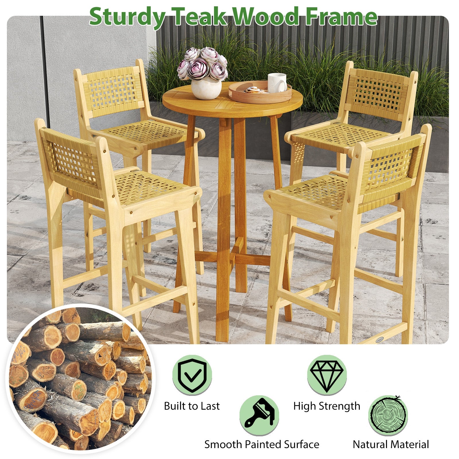 Patio Teak Wood Bar Stool with Rattan Backrest and Seat, Natural Patio Bar Furniture at Gallery Canada