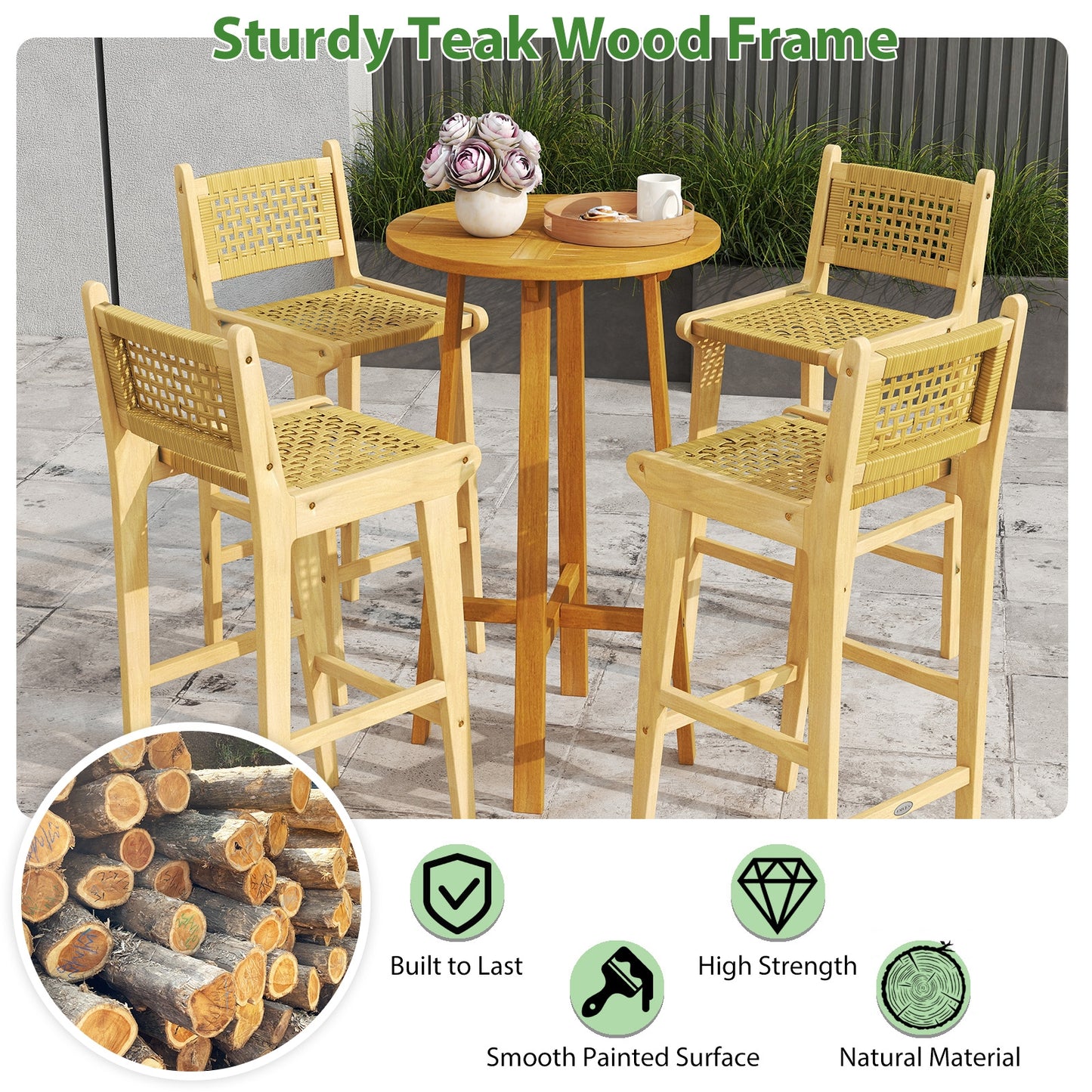 Patio Teak Wood Bar Stool with Rattan Backrest and Seat, Natural Patio Bar Furniture at Gallery Canada