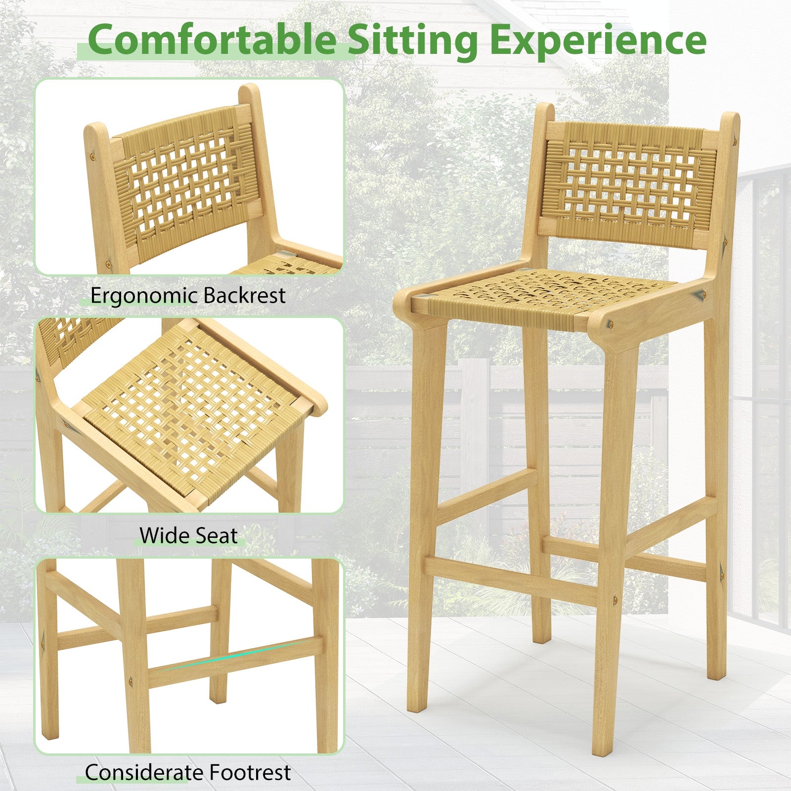 Patio Teak Wood Bar Stool with Rattan Backrest and Seat, Natural Patio Bar Furniture at Gallery Canada